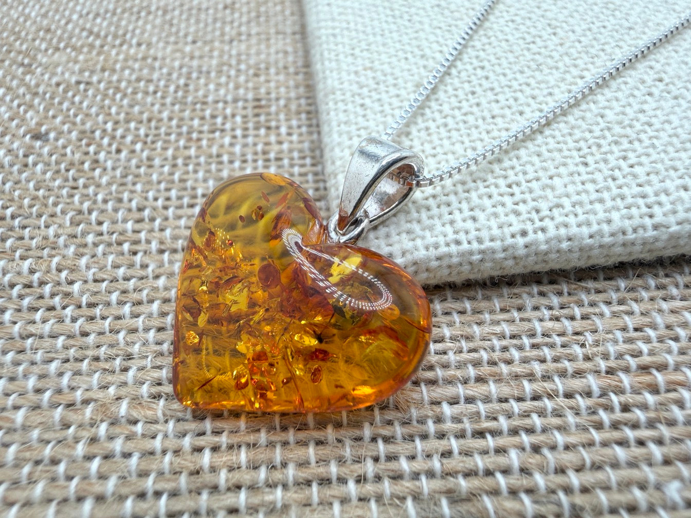 Hand-Carved Honey Baltic Amber Heart Pendant on Sterling Silver Chain – Genuine Baltic Amber