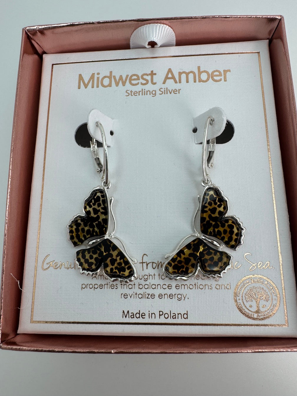Hand-Etched Baltic Amber Butterfly Earrings – Sterling Silver Beauty
