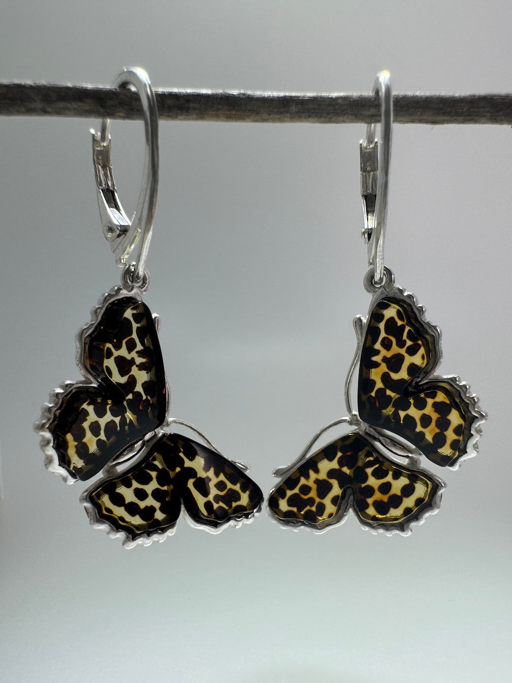 Hand-Etched Baltic Amber Butterfly Earrings – Sterling Silver Beauty