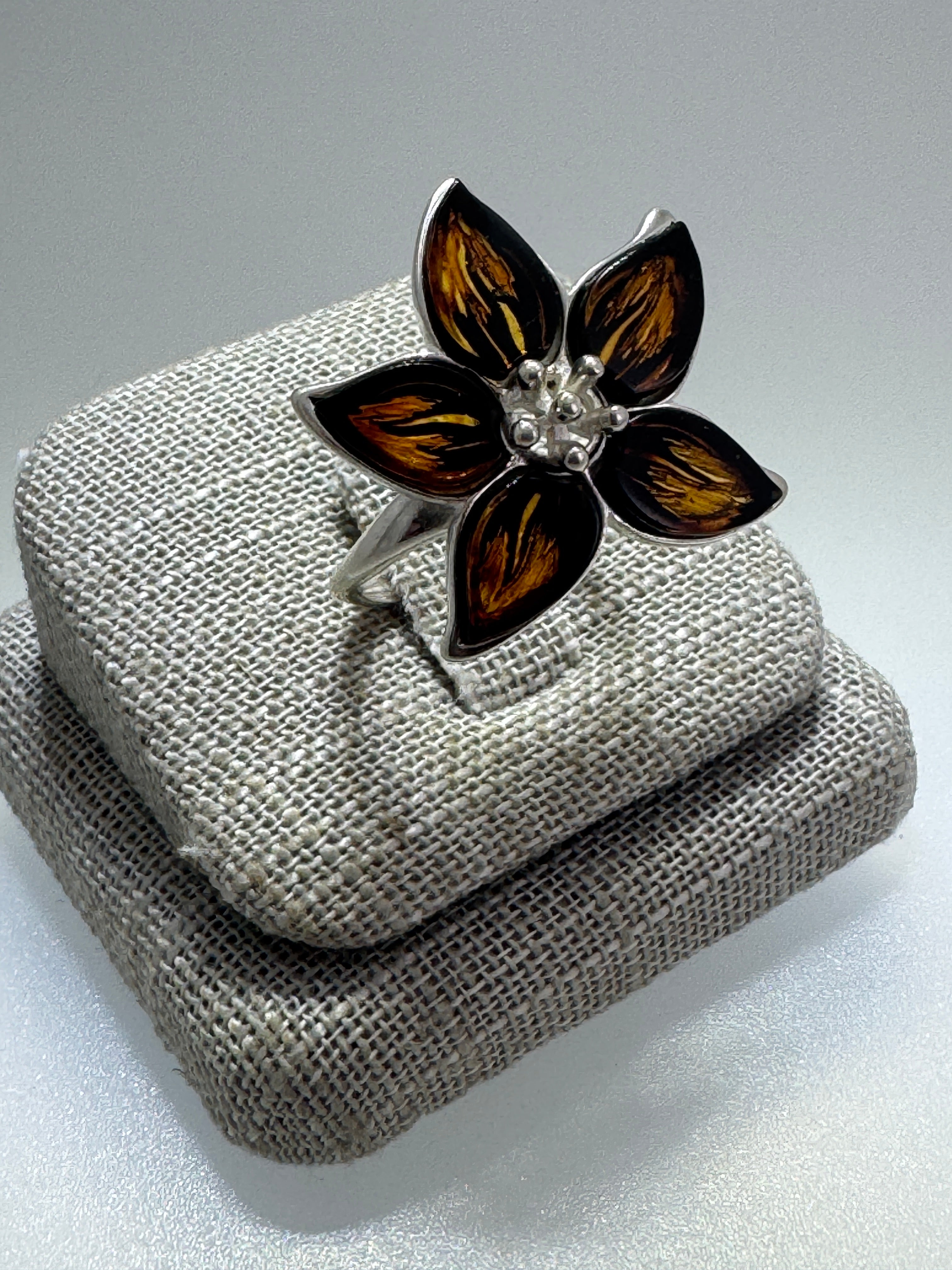 Hand-Etched Sterling Silver Baltic Amber Flower Ring