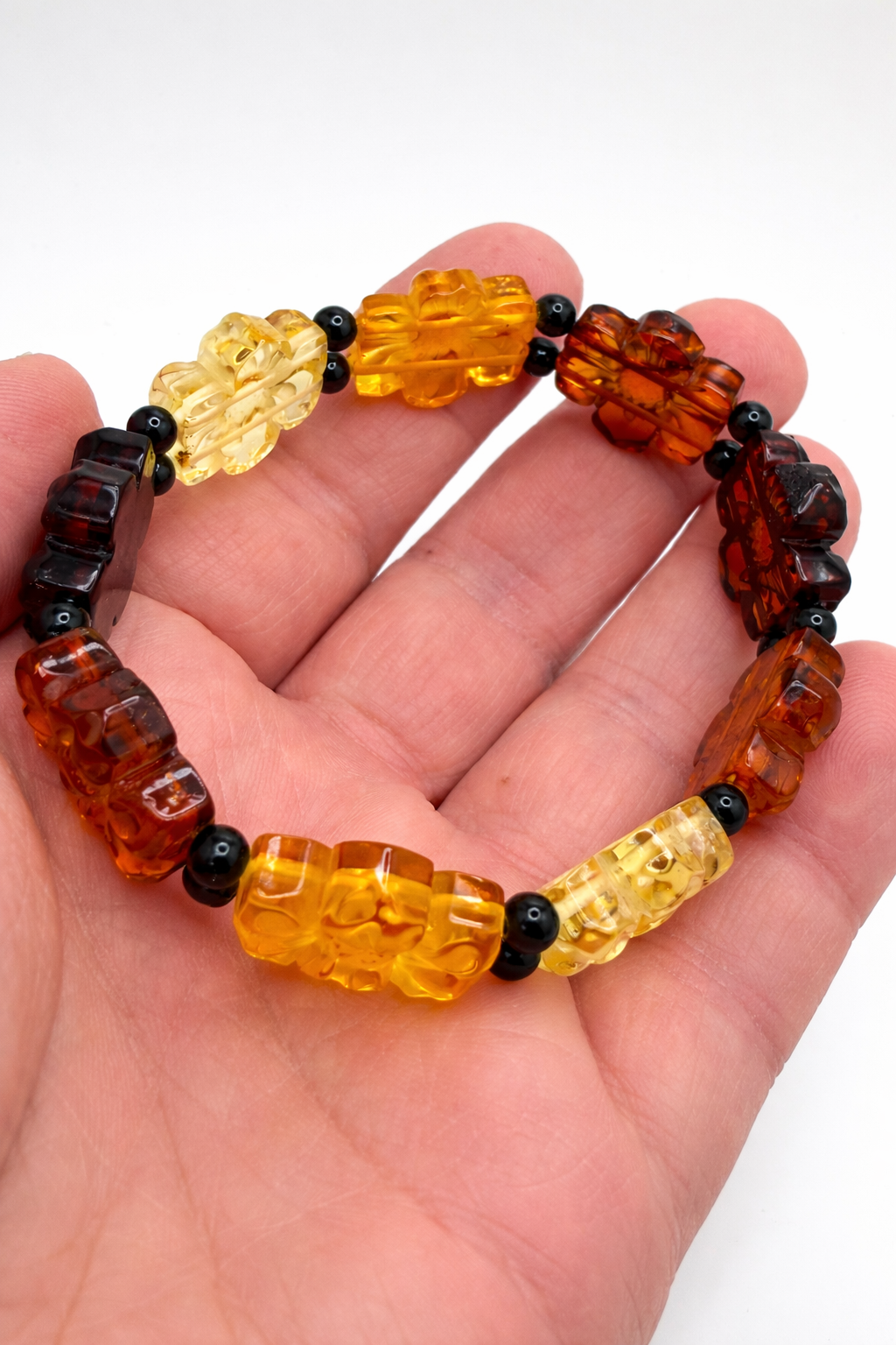 Hand Carved Baltic Amber Flower Bracelet, Multicolor Amber Stretch Bangle