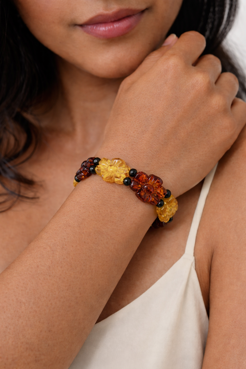 Hand Carved Baltic Amber Flower Bracelet, Multicolor Amber Stretch Bangle