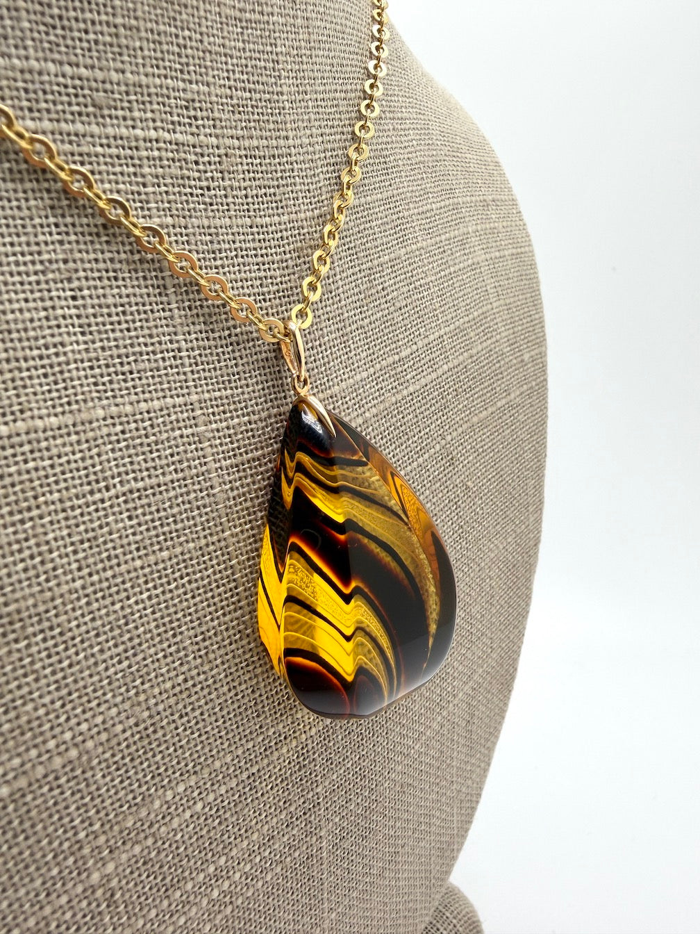 Hand Etched Modern Baltic Amber Pendant with 14K Gold Bale and Optional 14K Gold Chain