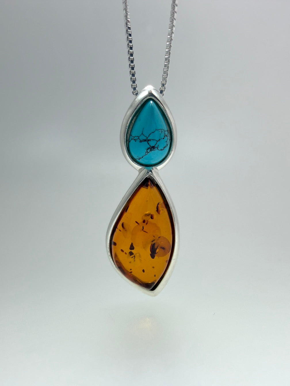 Handmade 925 Sterling Silver Baltic Amber & Turquoise Drop Pendant Necklace