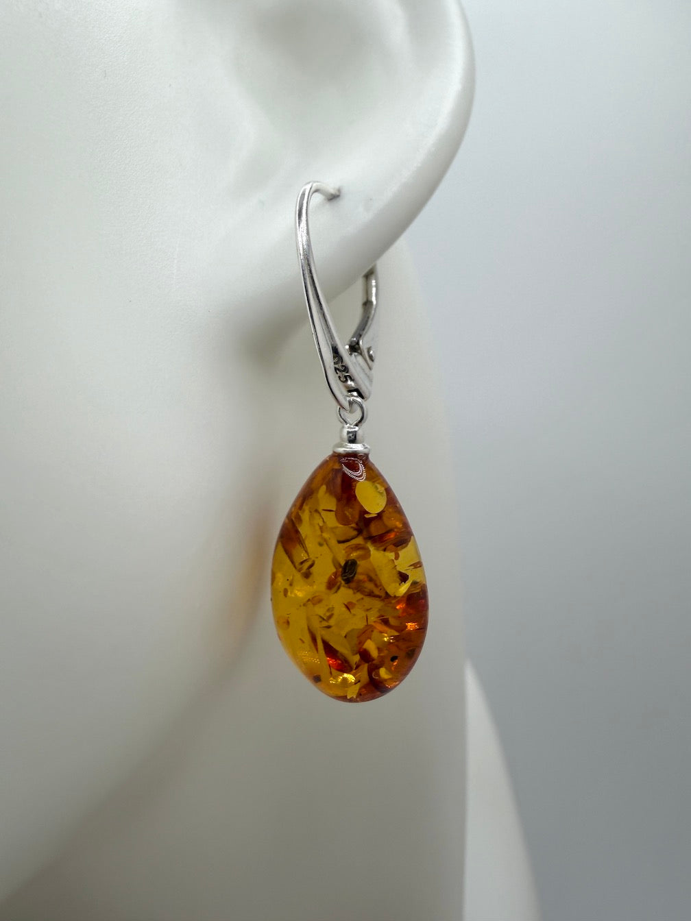 Handmade Baltic Amber Dangle Earrings | Natural Honey Cognac Teardrops with Sterling Silver Lever-Back Closures