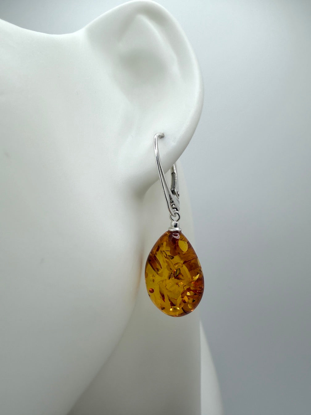 Handmade Baltic Amber Dangle Earrings | Natural Honey Cognac Teardrops with Sterling Silver Lever-Back Closures