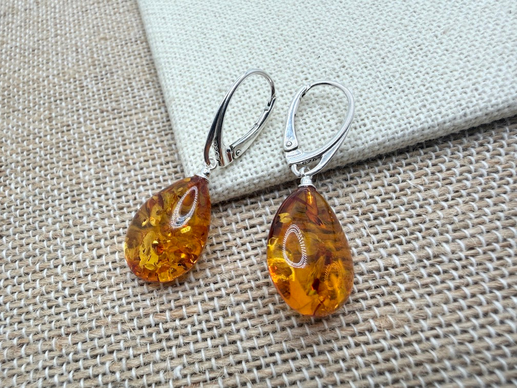 Handmade Baltic Amber Dangle Earrings | Natural Honey Cognac Teardrops with Sterling Silver Lever-Back Closures