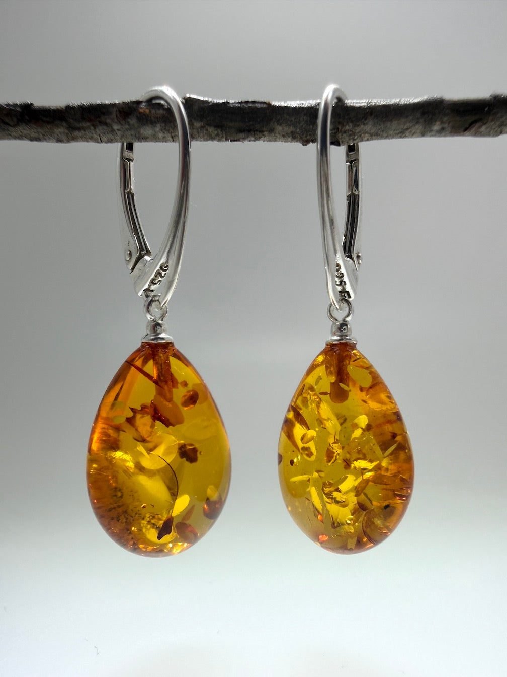 Handmade Baltic Amber Dangle Earrings | Natural Honey Cognac Teardrops with Sterling Silver Lever-Back Closures