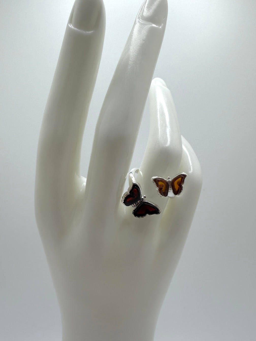Baltic Amber Double Butterfly Ring – Sterling Silver Adjustable Open Ring – Honey & Cherry Amber