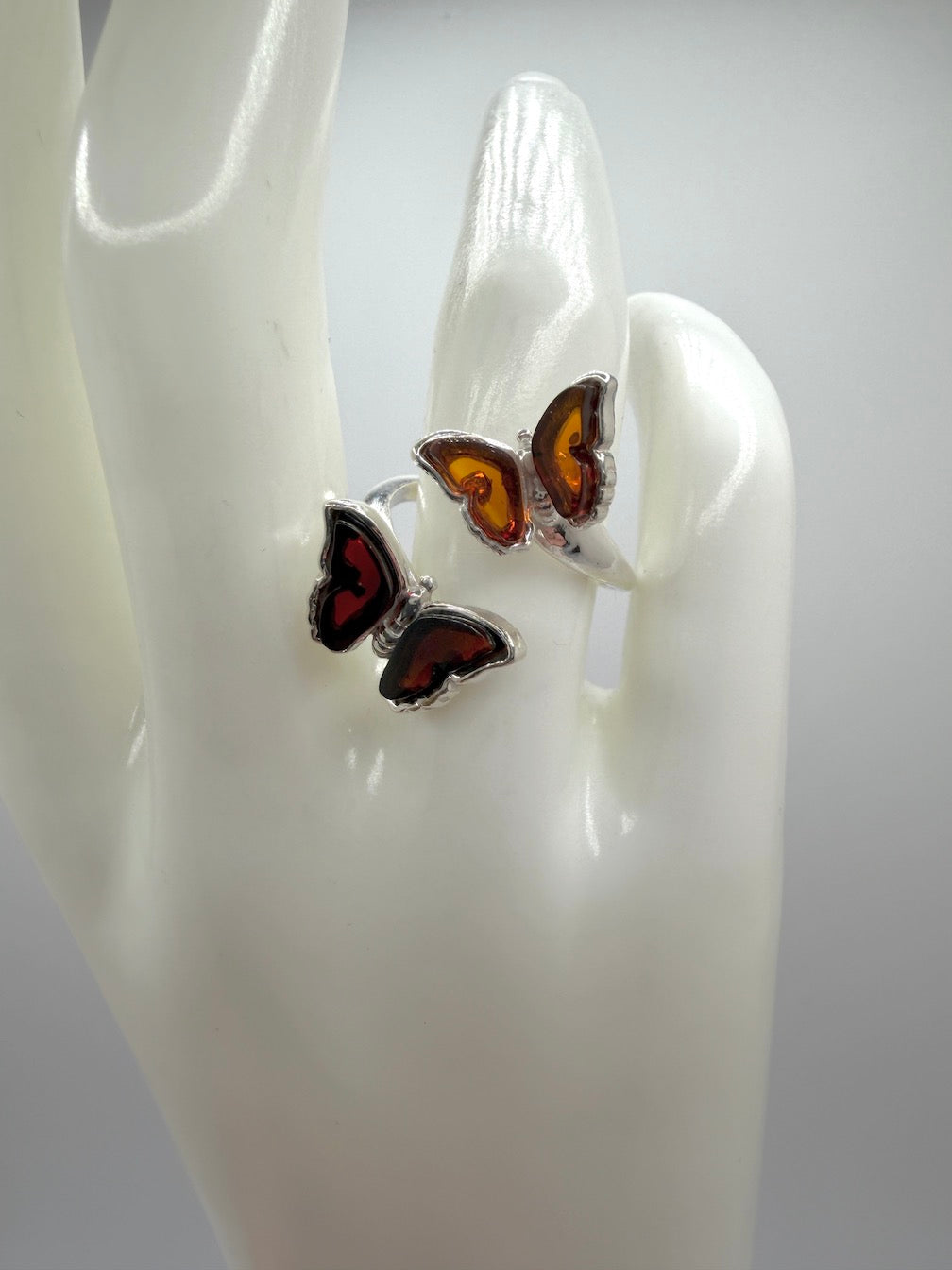 Baltic Amber Double Butterfly Ring – Sterling Silver Adjustable Open Ring – Honey & Cherry Amber