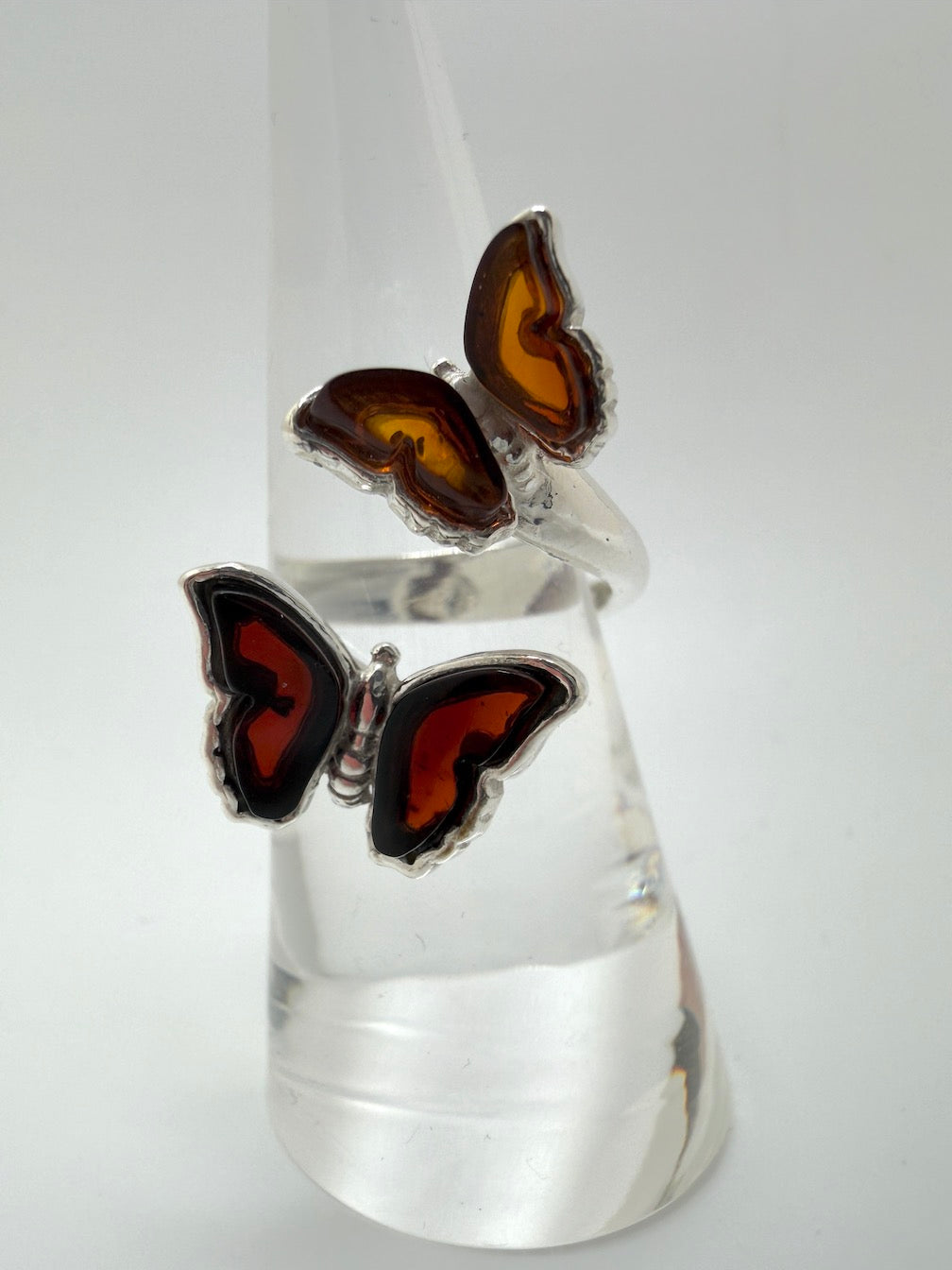 Baltic Amber Double Butterfly Ring – Sterling Silver Adjustable Open Ring – Honey & Cherry Amber