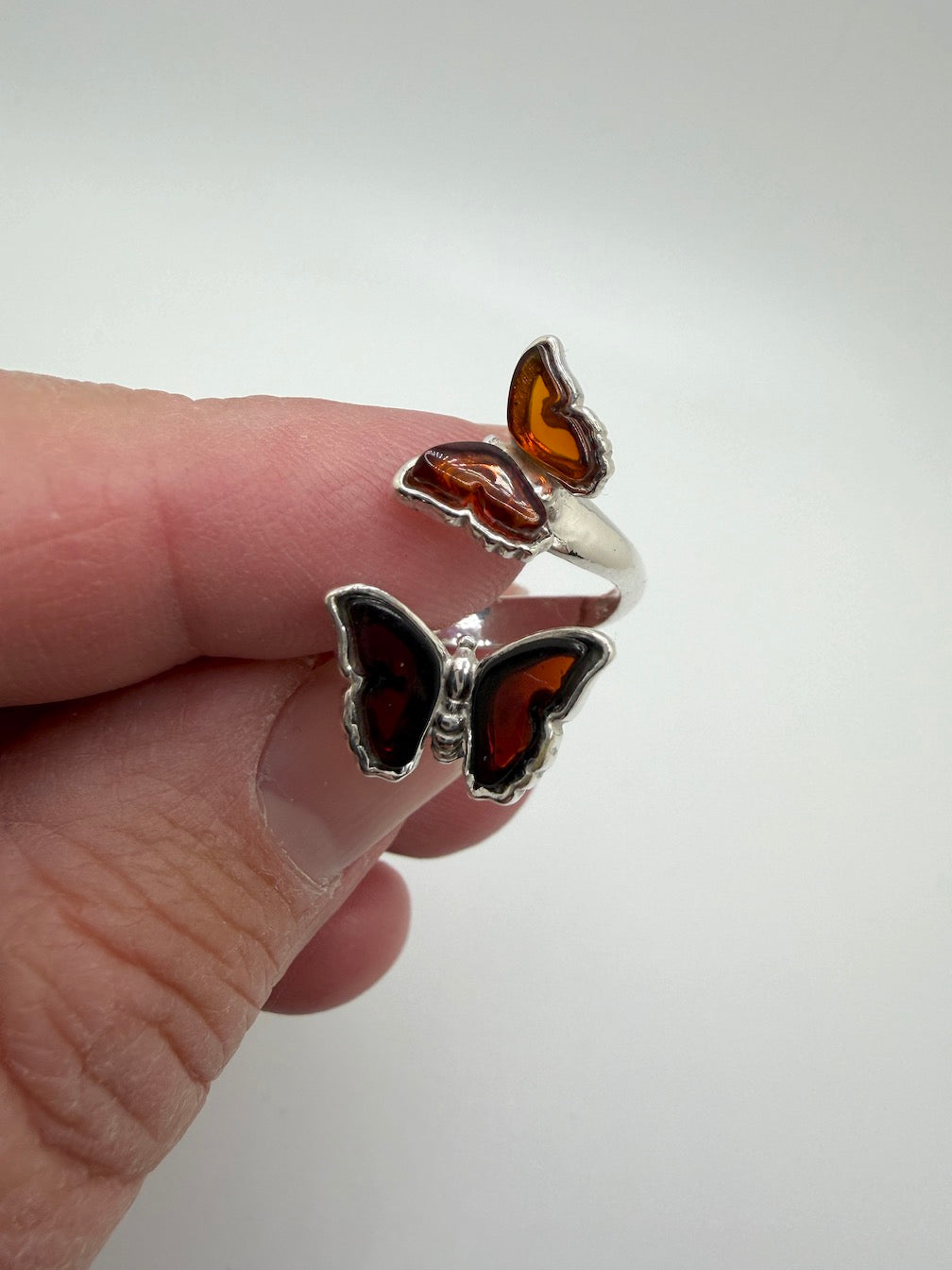 Baltic Amber Double Butterfly Ring – Sterling Silver Adjustable Open Ring – Honey & Cherry Amber