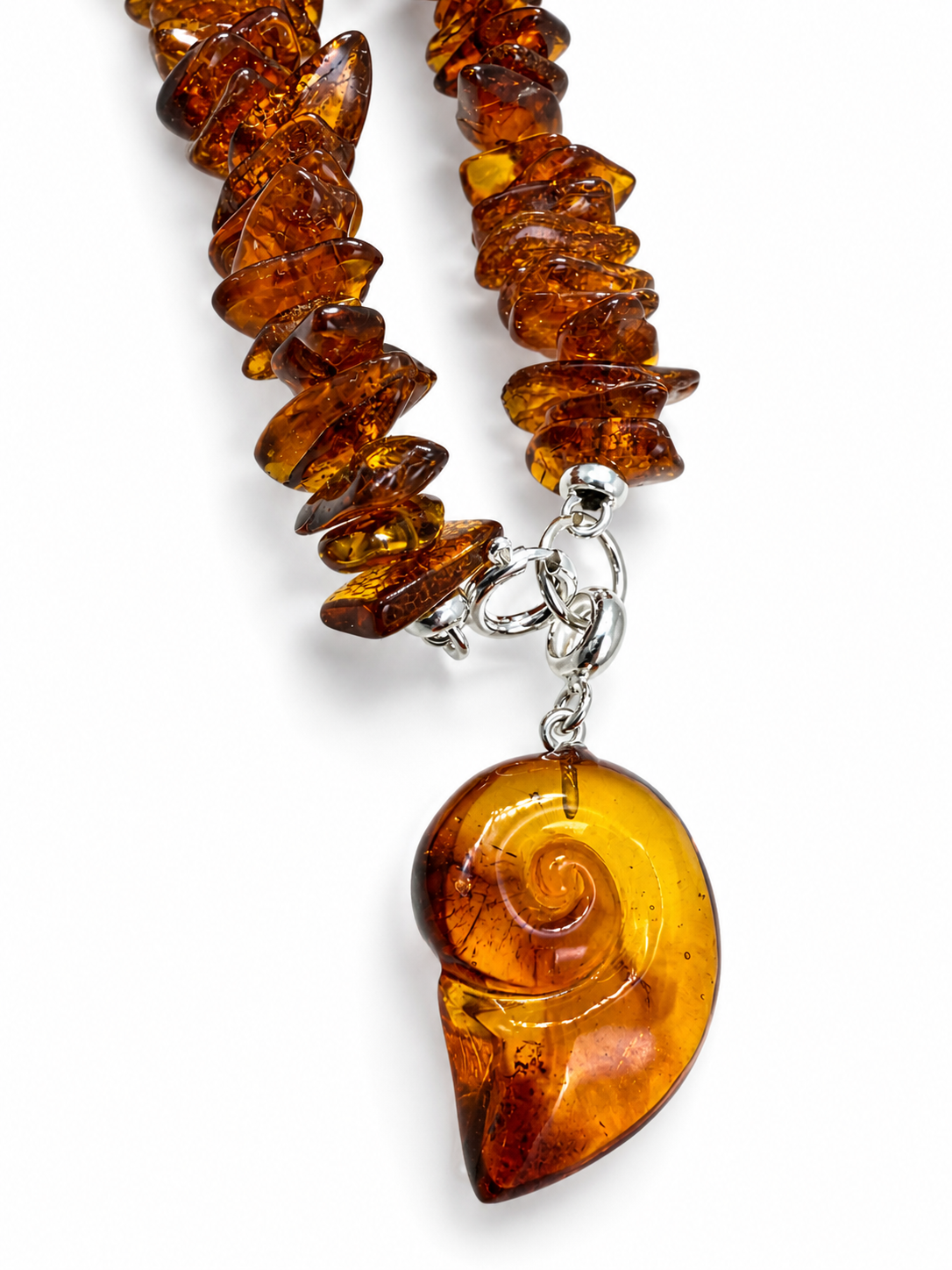 Handmade Baltic Amber Honey Chip Necklace with Hand Carved Seashell Pendant – Genuine Baltic Amber – Lithuania Artisan Jewelry