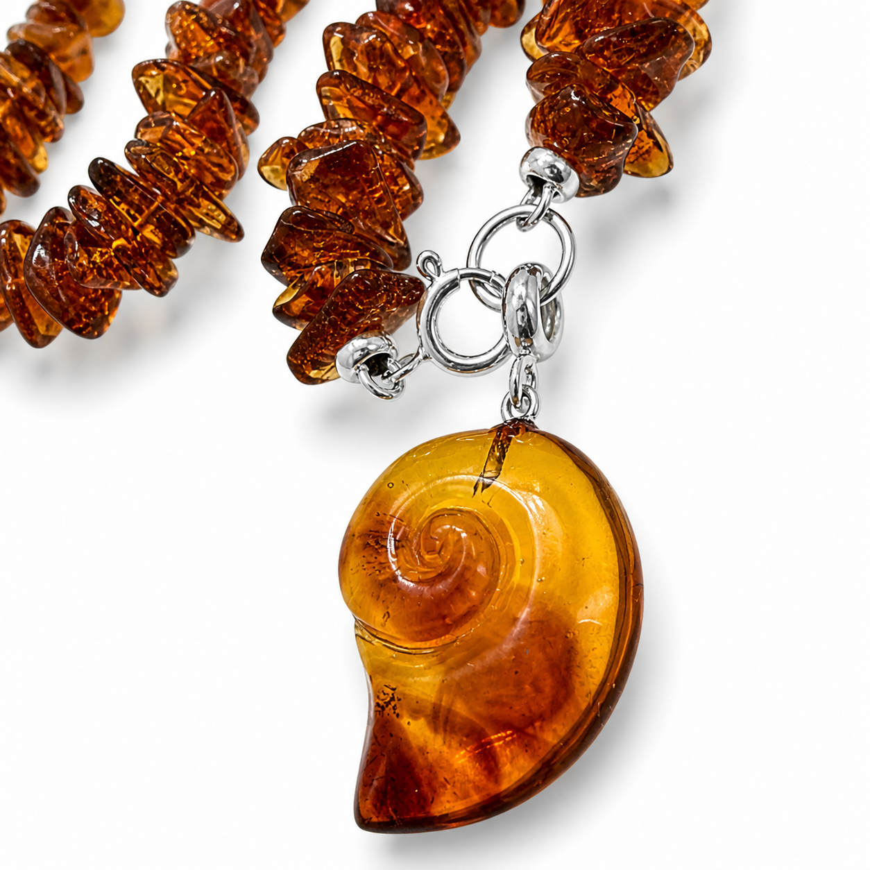 Handmade Baltic Amber Honey Chip Necklace with Hand Carved Seashell Pendant – Genuine Baltic Amber – Lithuania Artisan Jewelry