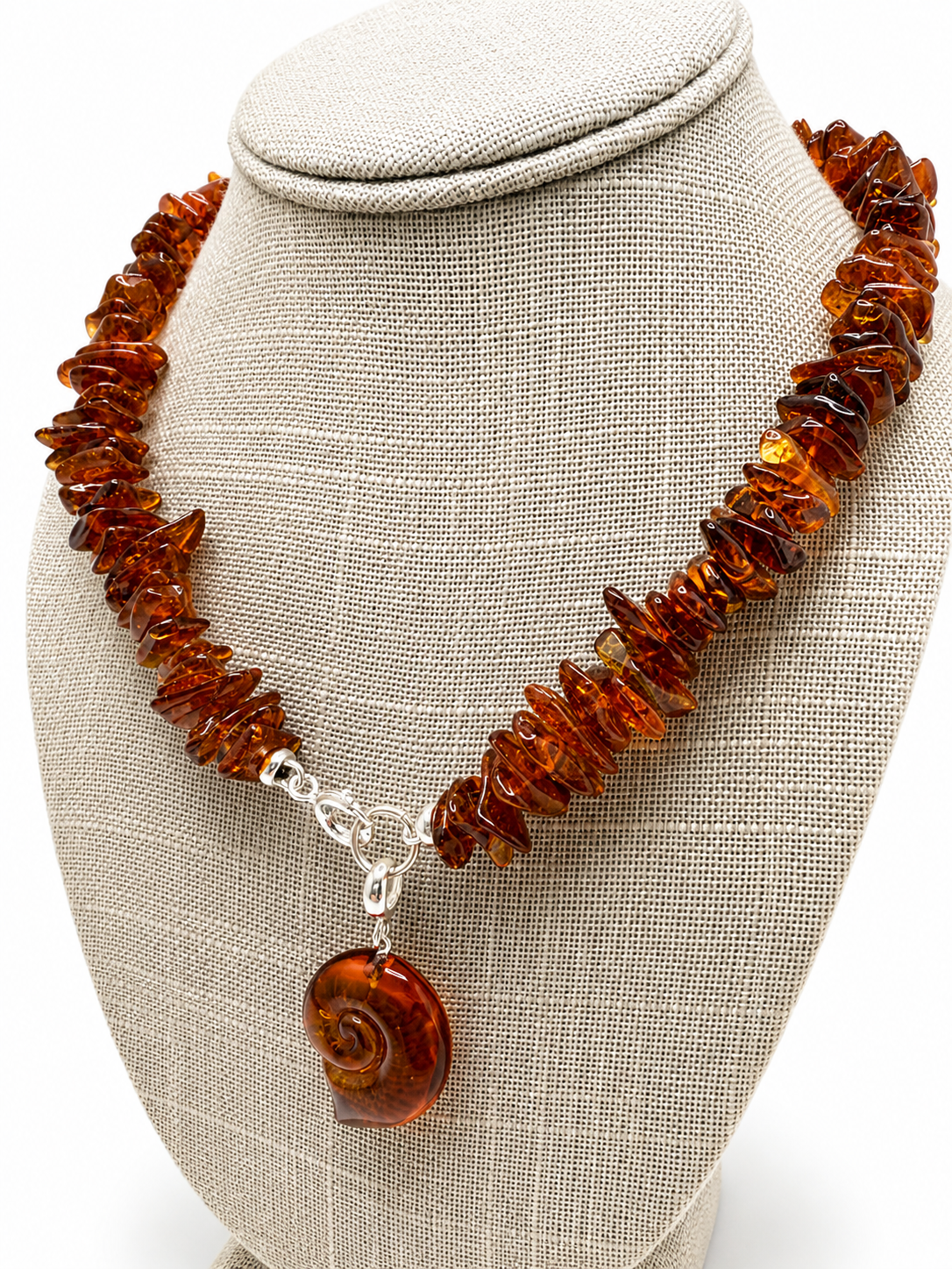 Handmade Baltic Amber Honey Chip Necklace with Hand Carved Seashell Pendant – Genuine Baltic Amber – Lithuania Artisan Jewelry