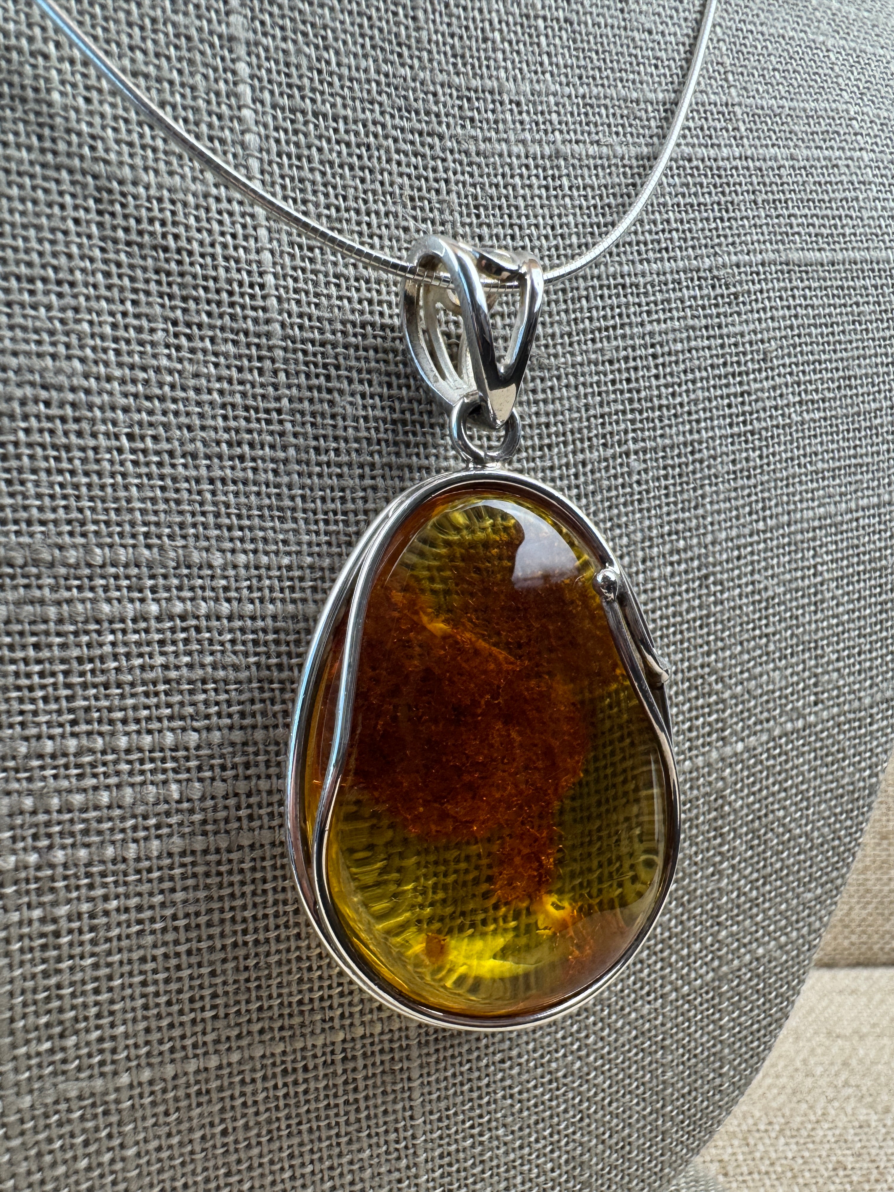 One-of-a-Kind Handmade Baltic Amber & Sterling Silver Pendant on Omega Necklace