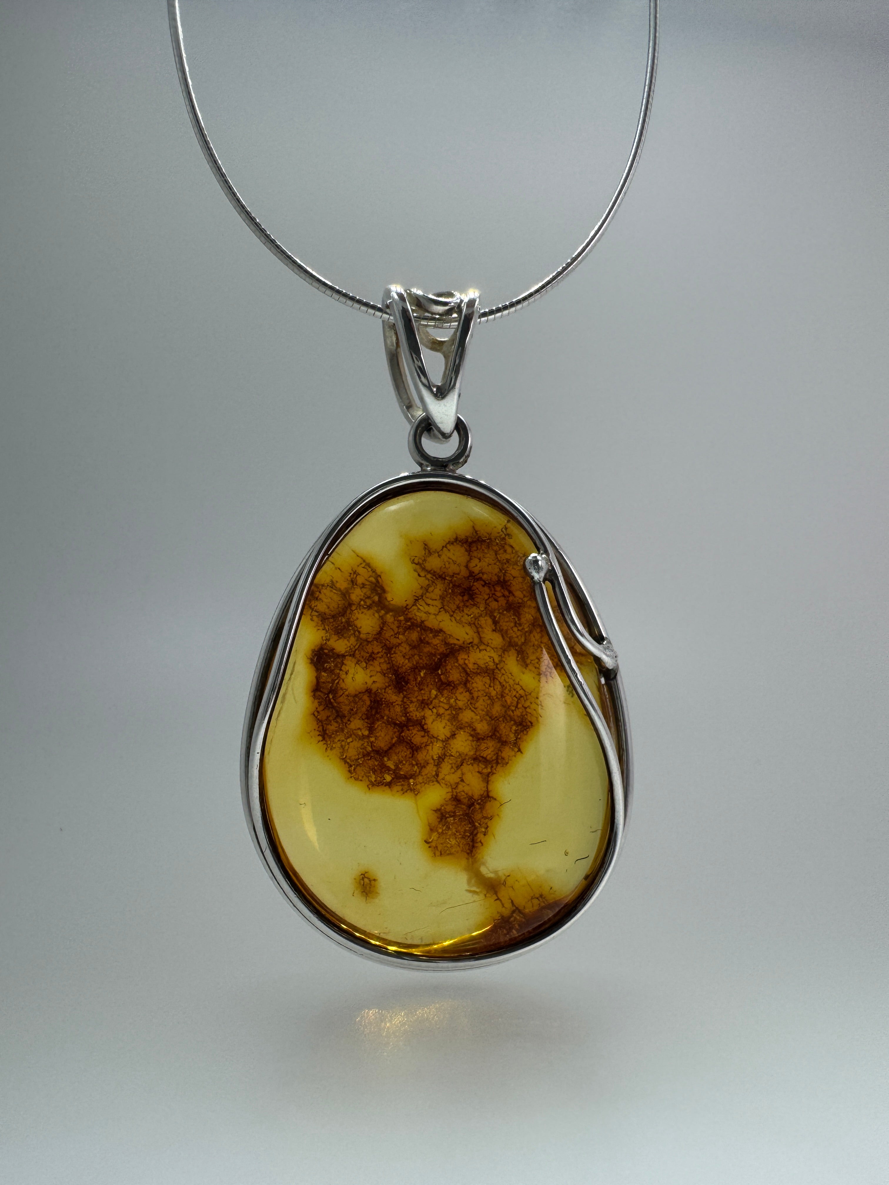 One-of-a-Kind Handmade Baltic Amber & Sterling Silver Pendant on Omega Necklace