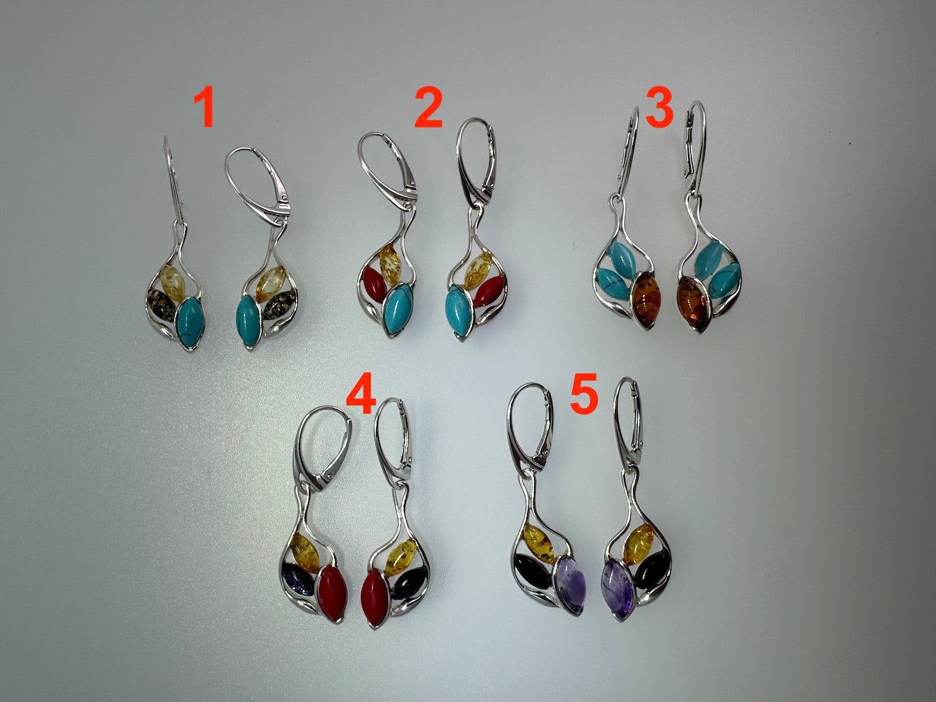 Handmade Baltic Amber & Multi Stone Earrings | Sterling Silver Dangle Lever Backs from Poland