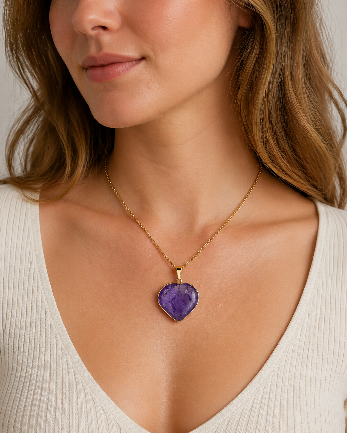 Handmade Brazil Gemstone Heart Necklace – Rose Quartz, Amethyst or Lapis Lazuli – Gold Plated Chain – Natural Stone Jewelry Gift