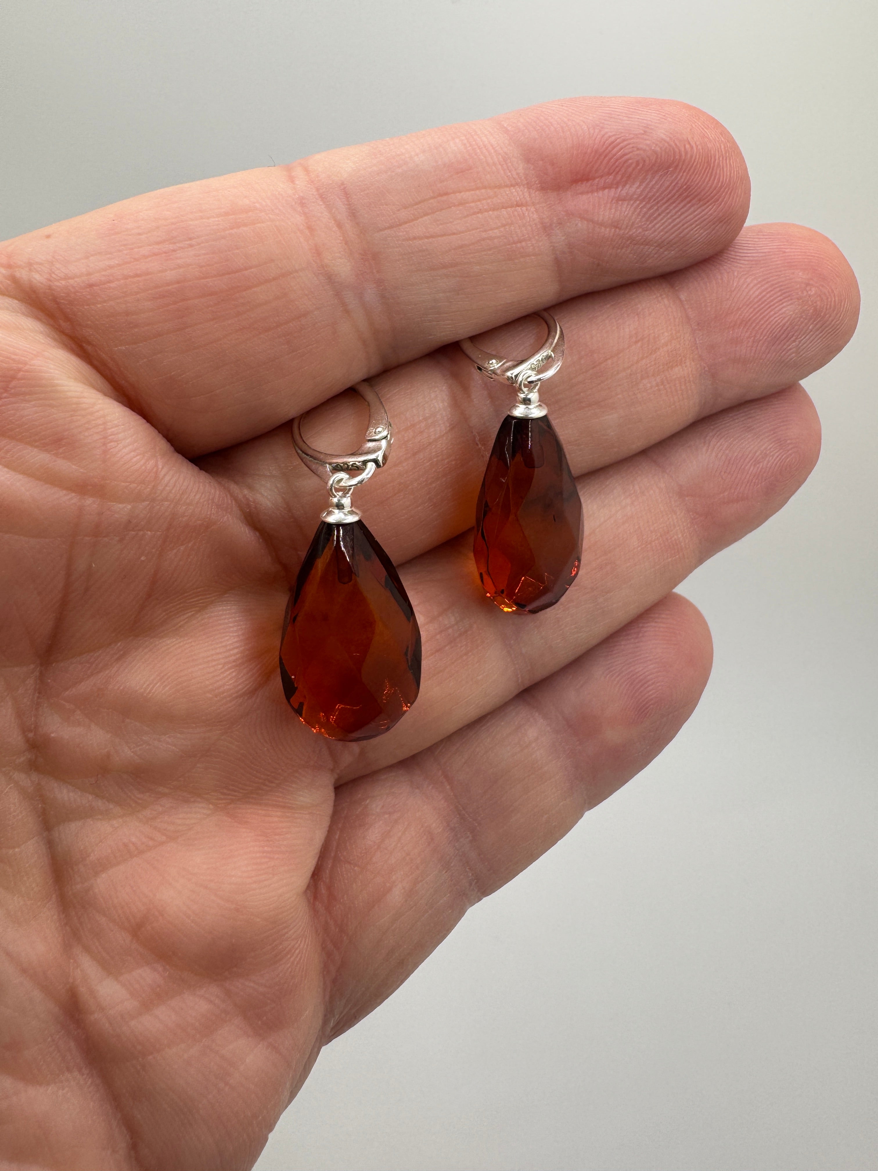 Handmade Cognac Baltic Amber Faceted Teardrop Earrings – Sterling Silver Lever Back Drop Earrings from Lithuania 