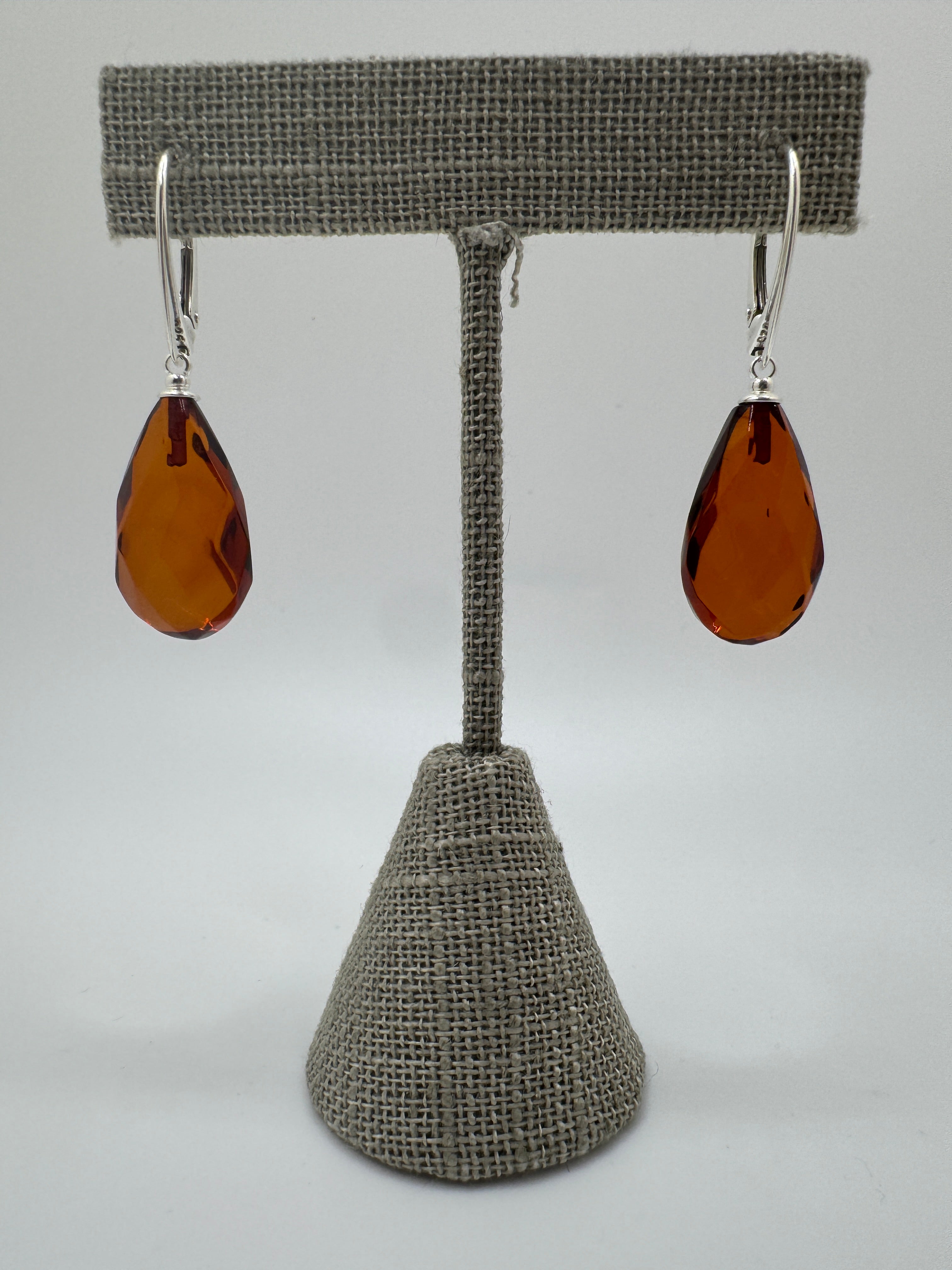 Handmade Cognac Baltic Amber Faceted Teardrop Earrings – Sterling Silver Lever Back Drop Earrings from Lithuania 