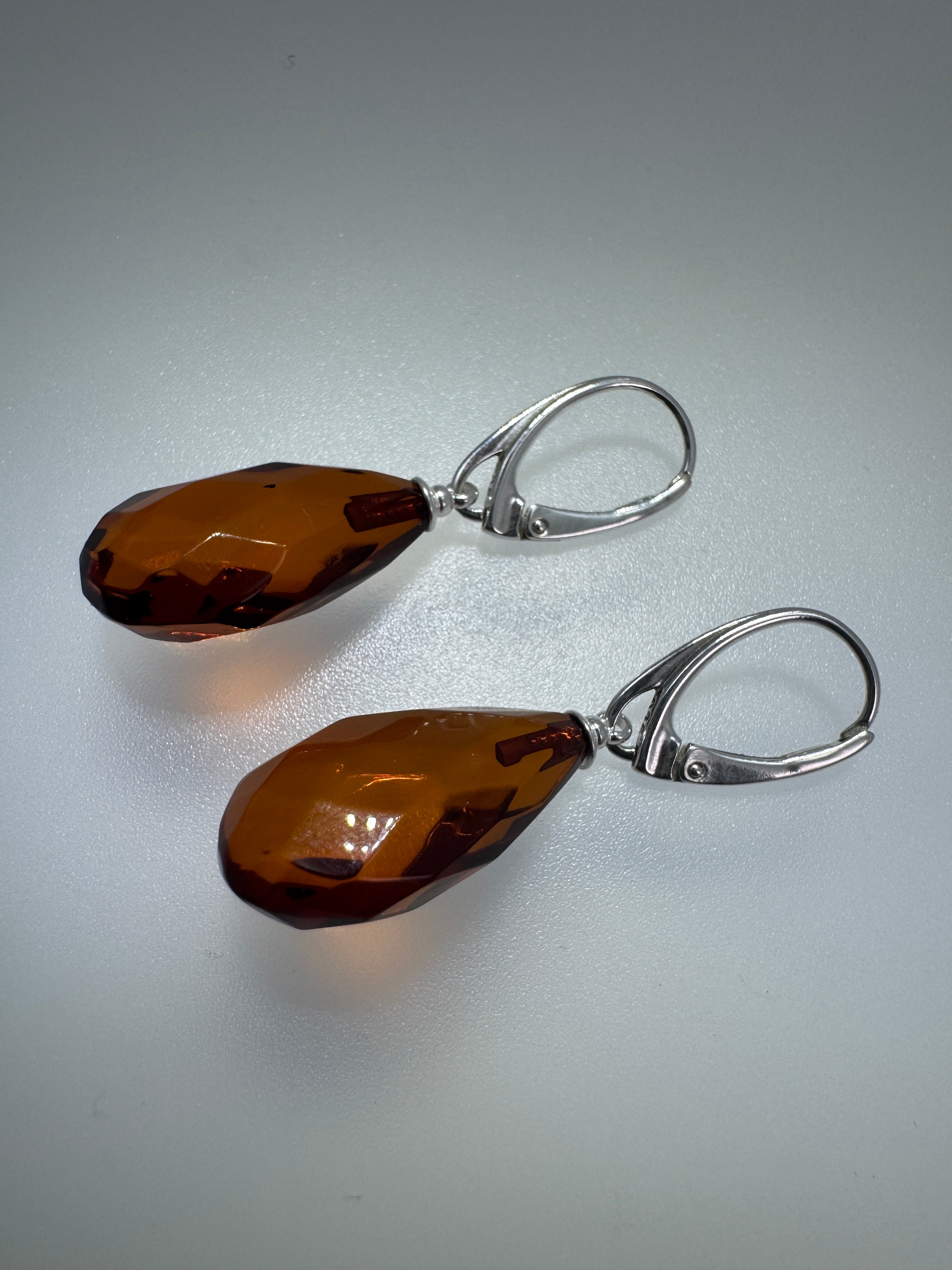 Handmade Cognac Baltic Amber Faceted Teardrop Earrings – Sterling Silver Lever Back Drop Earrings from Lithuania 