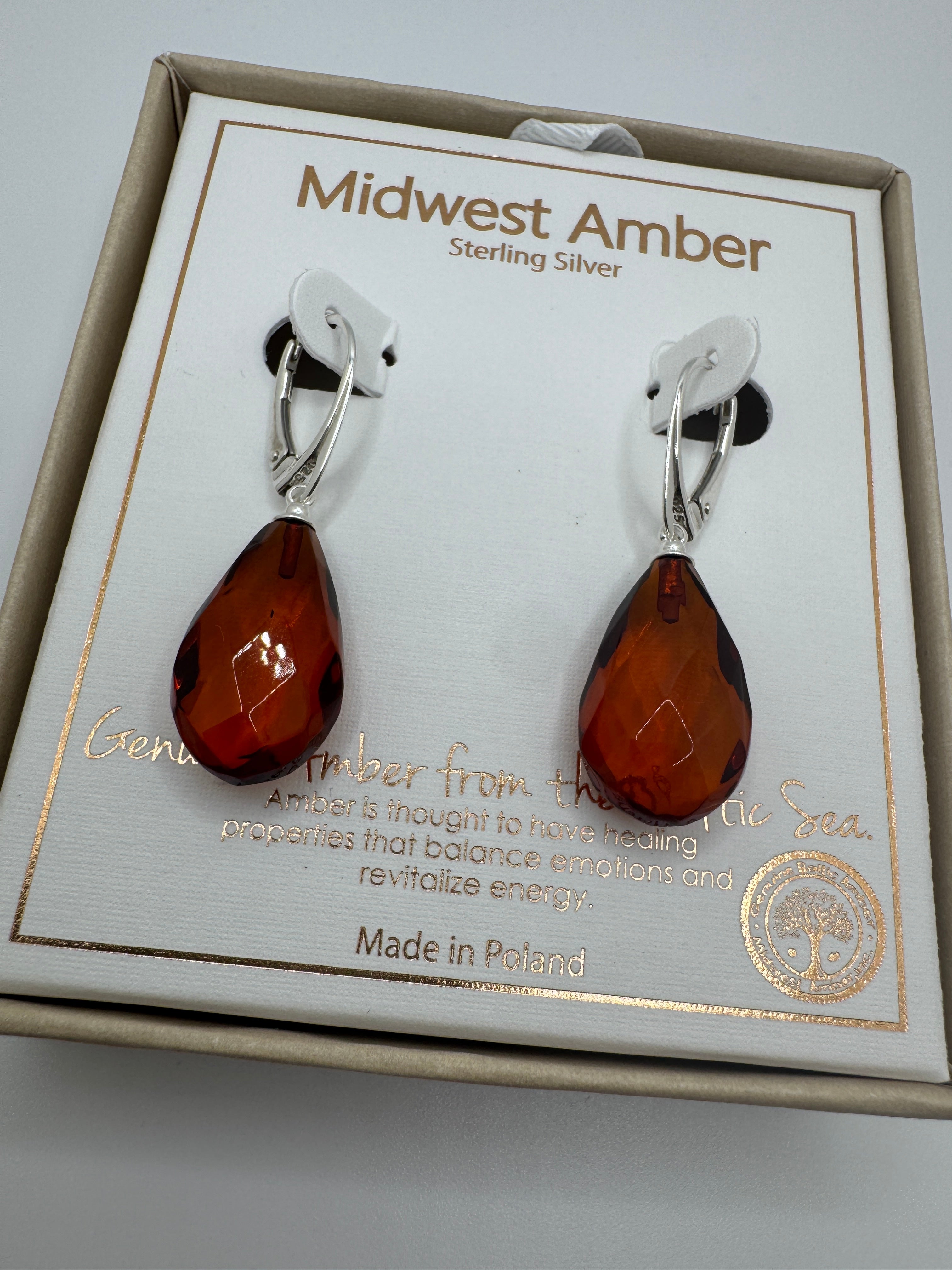 Handmade Cognac Baltic Amber Faceted Teardrop Earrings – Sterling Silver Lever Back Drop Earrings from Lithuania 
