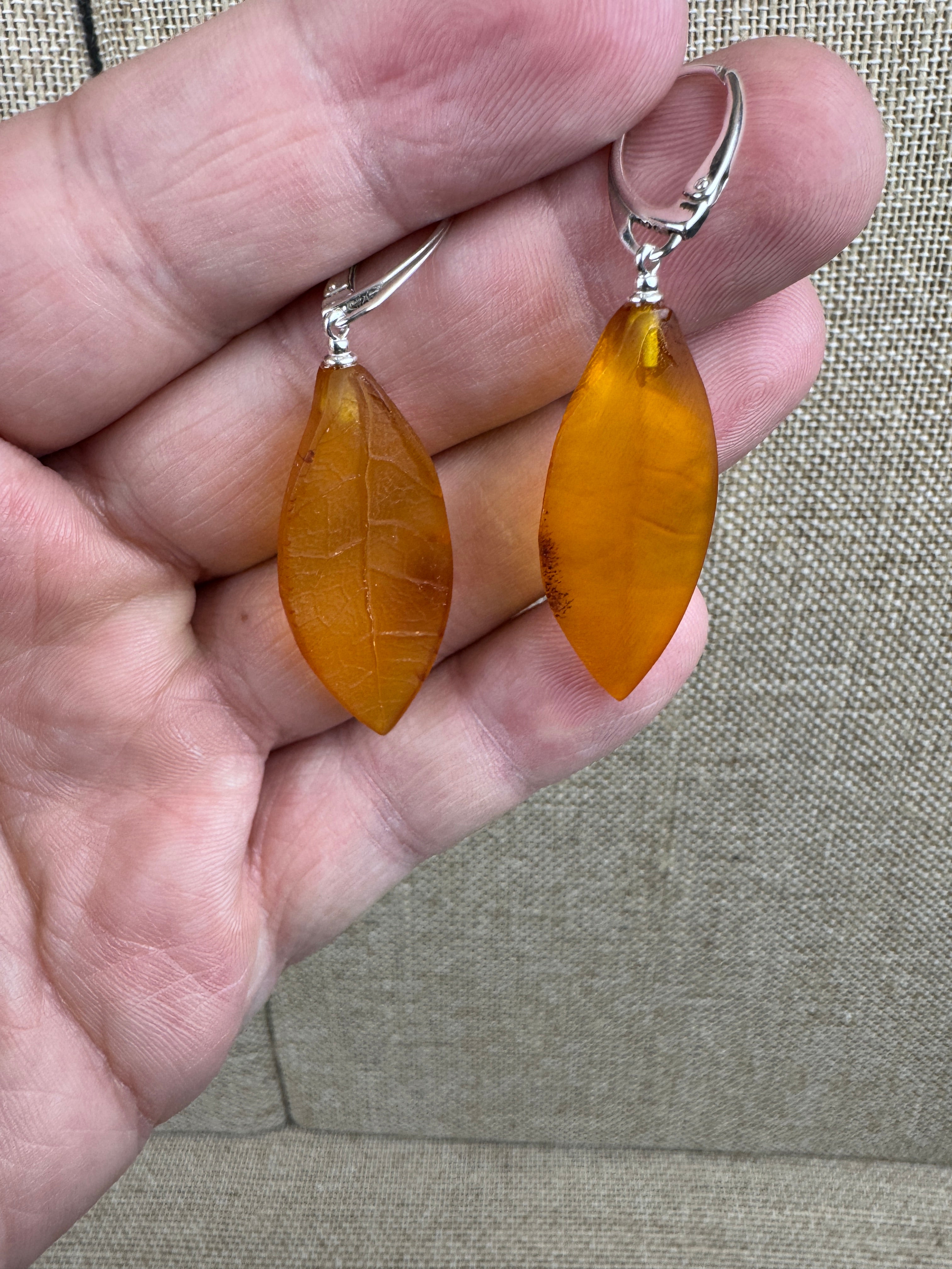 Handmade Cognac Baltic Amber Leaf Earrings – Hand Carved Sterling Silver Lever Back Dangle