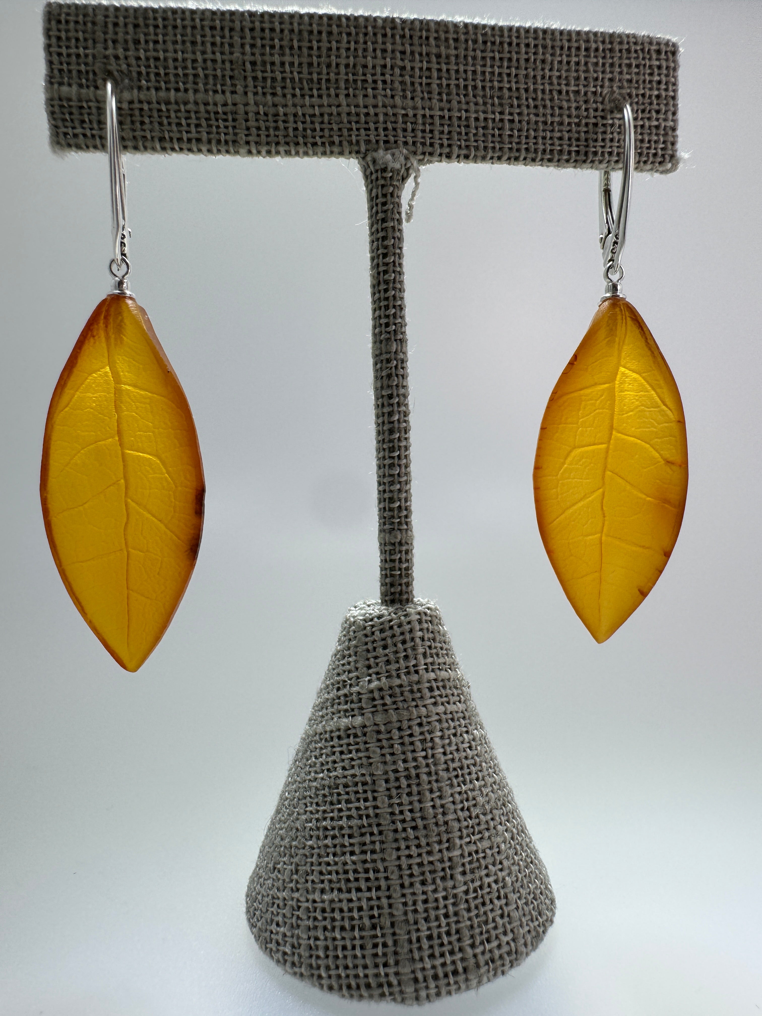 Handmade Cognac Baltic Amber Leaf Earrings – Hand Carved Sterling Silver Lever Back Dangle