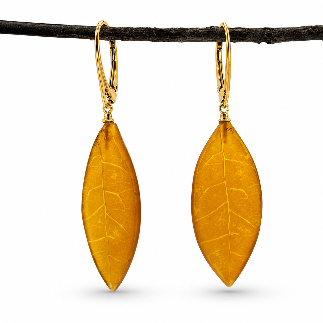 Handmade Cognac Baltic Amber Leaf Earrings – Hand Carved Sterling Silver Lever Back Dangle