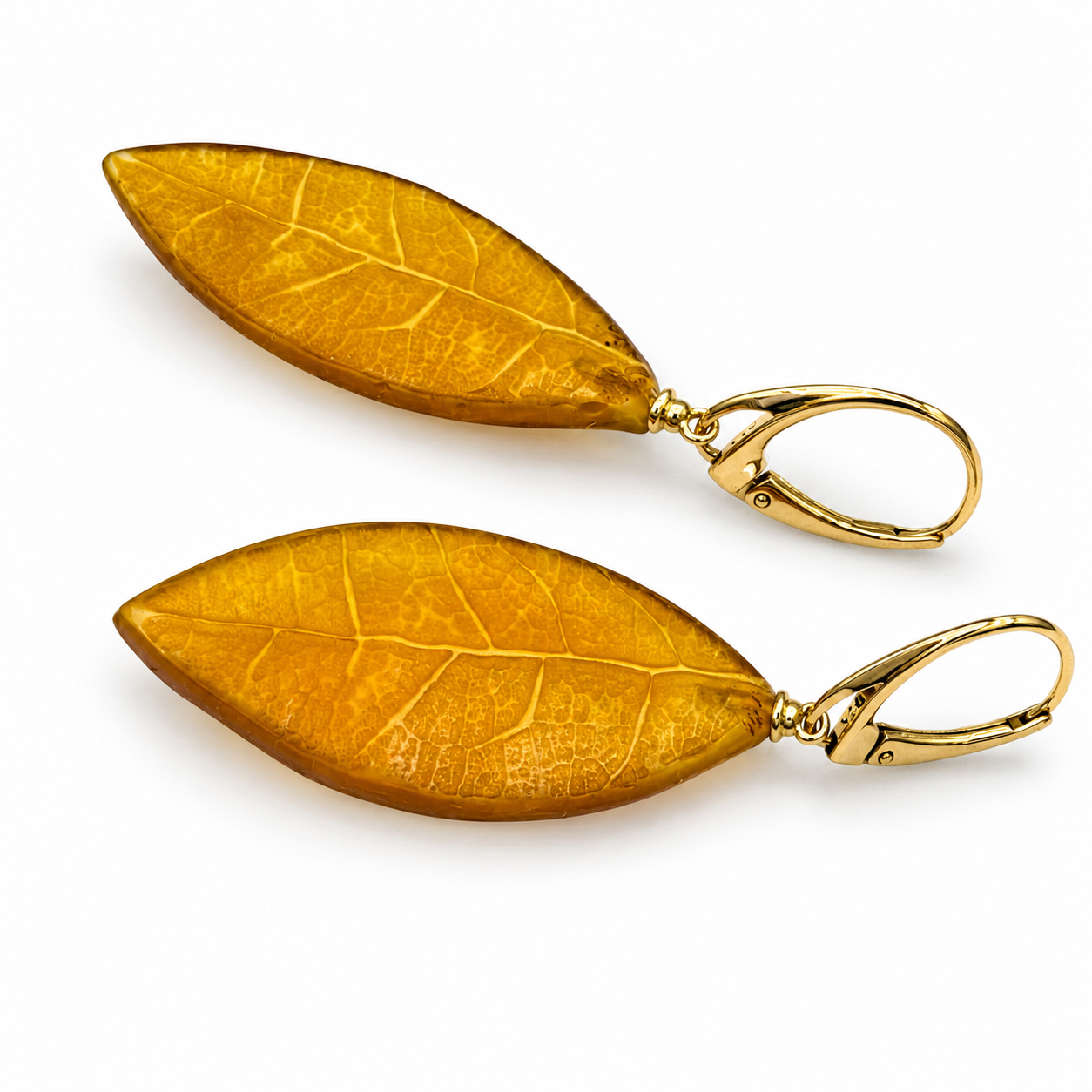 Handmade Cognac Baltic Amber Leaf Earrings – Hand Carved Sterling Silver Lever Back Dangle