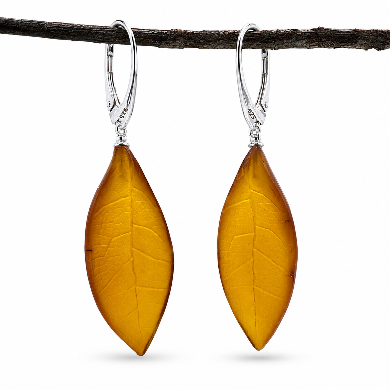 Handmade Cognac Baltic Amber Leaf Earrings – Hand Carved Sterling Silver Lever Back Dangle