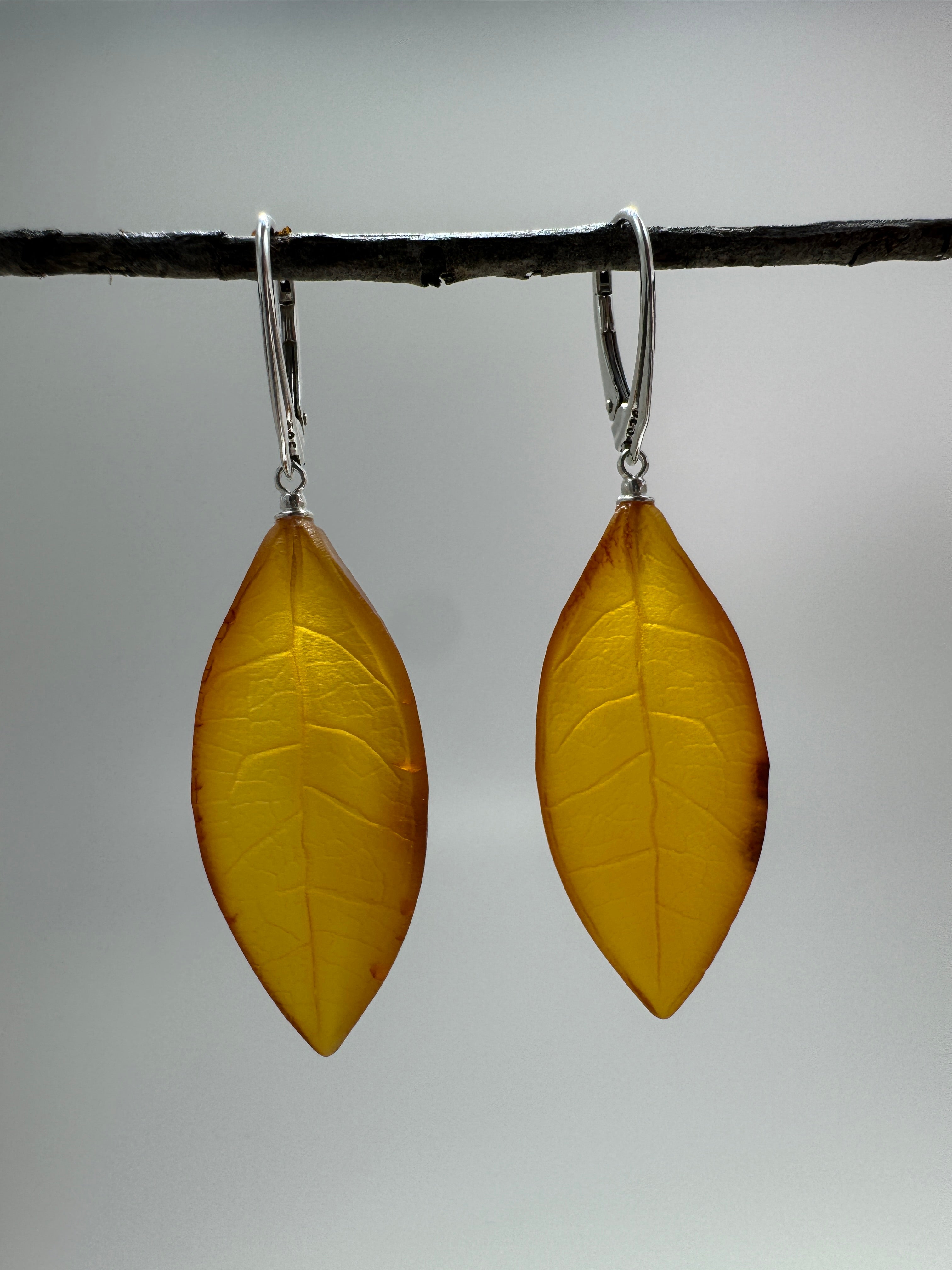 Handmade Cognac Baltic Amber Leaf Earrings – Hand Carved Sterling Silver Lever Back Dangle