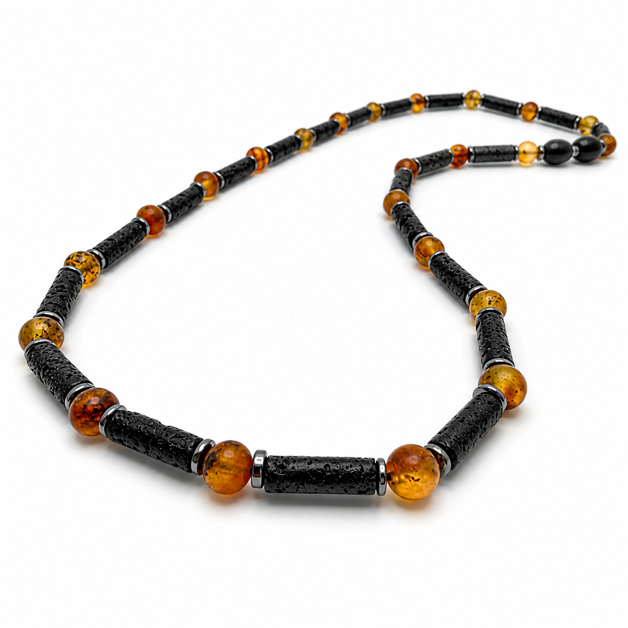 Handmade Genuine Baltic Amber & Lava Rock Men’s Necklace – Matte Butterscotch Amber, Sterling Silver, 20”