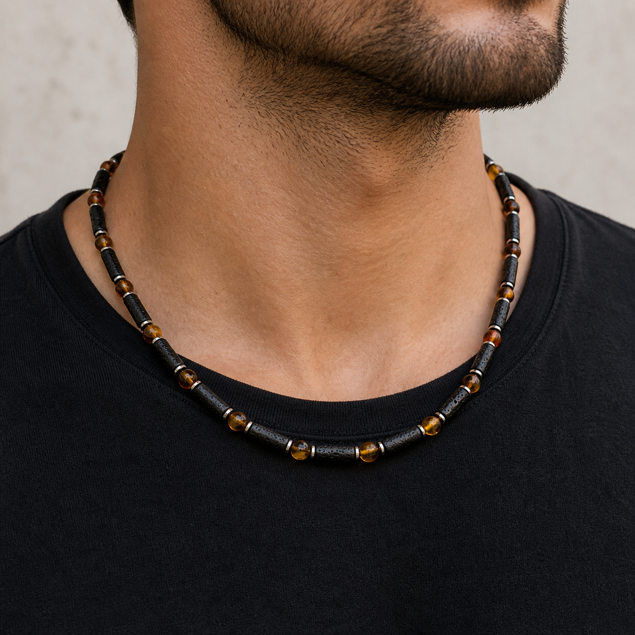 Handmade Genuine Baltic Amber & Lava Rock Men’s Necklace – Matte Butterscotch Amber, Sterling Silver, 20”