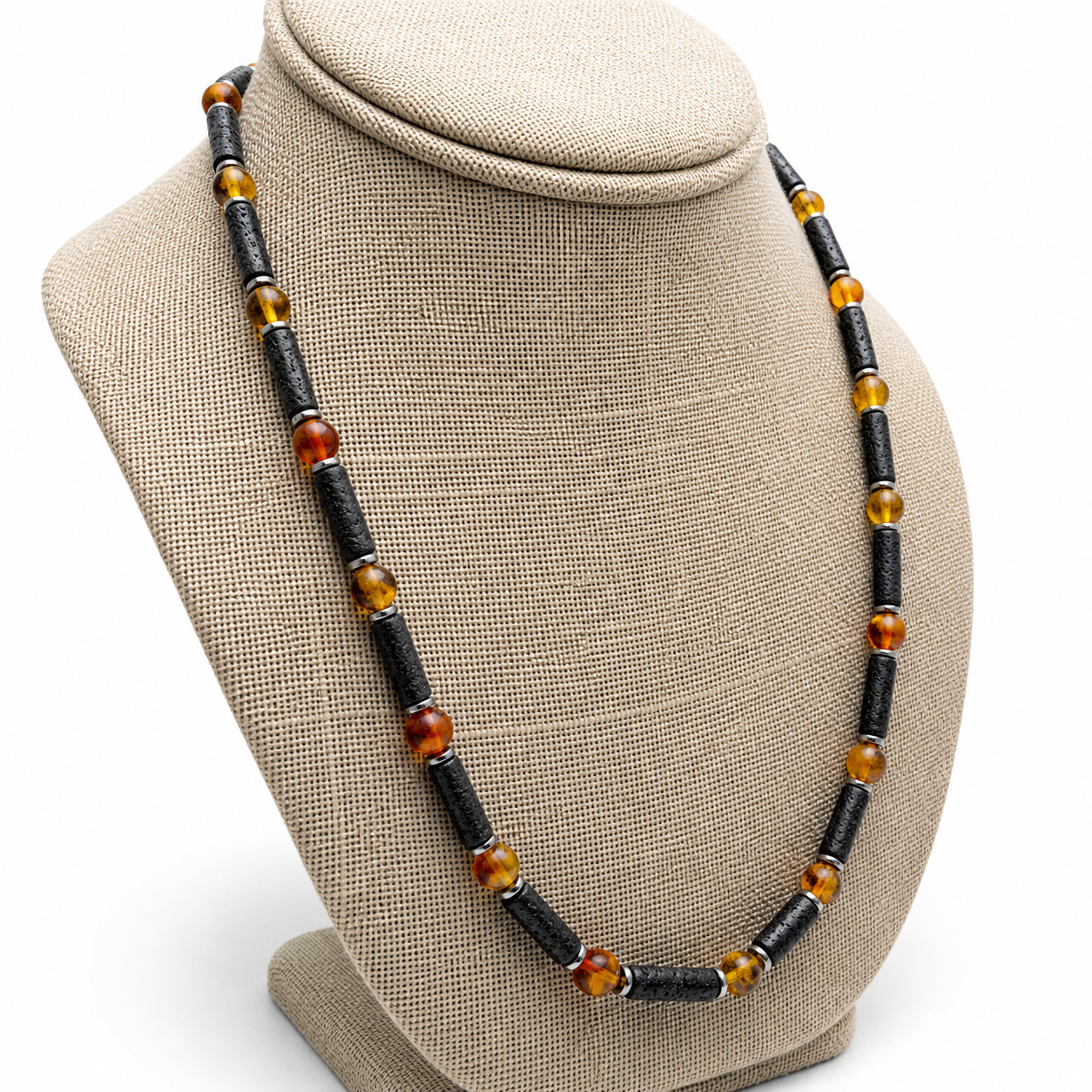 Handmade Genuine Baltic Amber & Lava Rock Men’s Necklace – Matte Butterscotch Amber, Sterling Silver, 20”