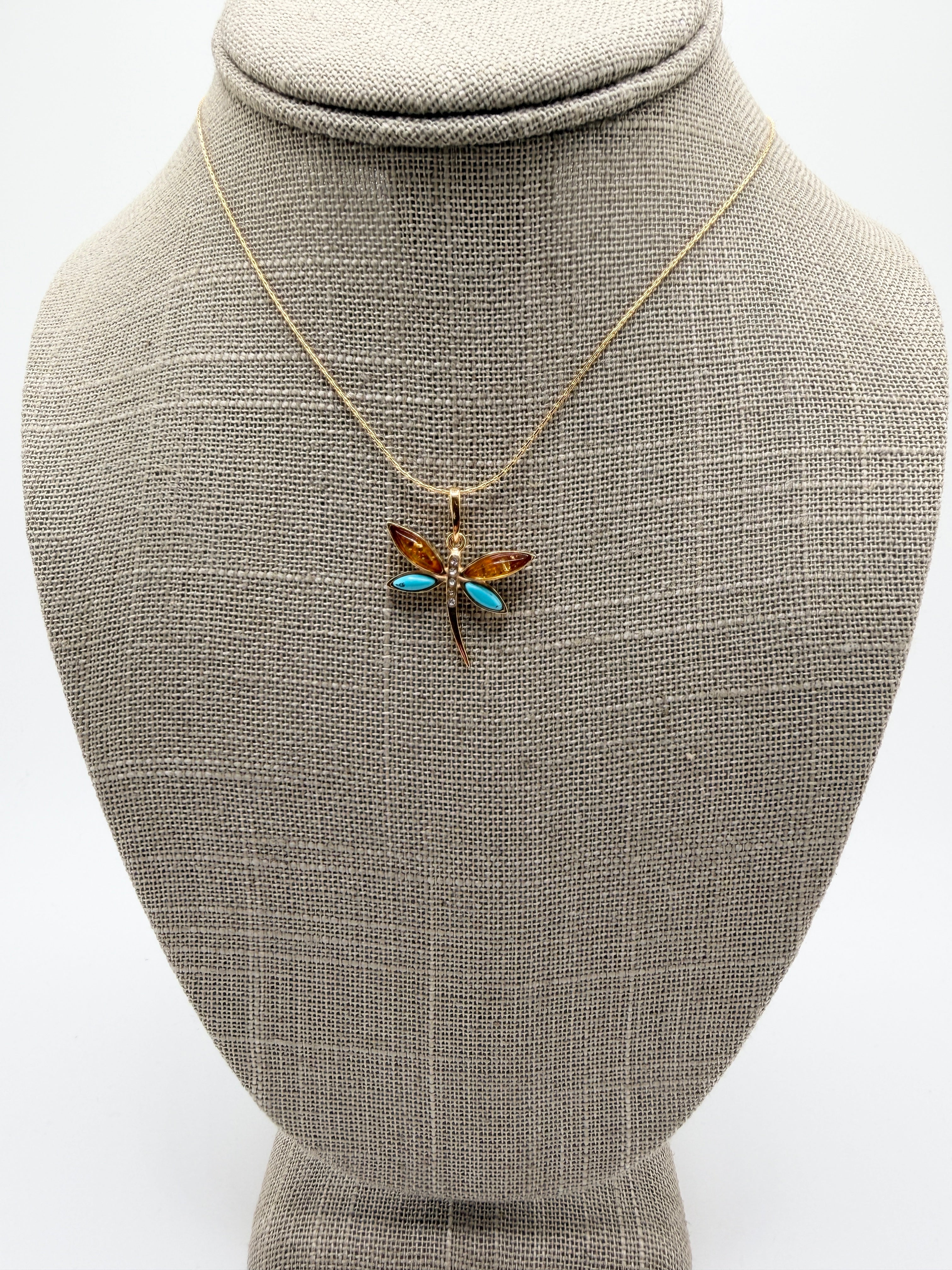 Handmade Gold Plated Sterling Silver Baltic Amber & Turquoise Dragonfly Pendant