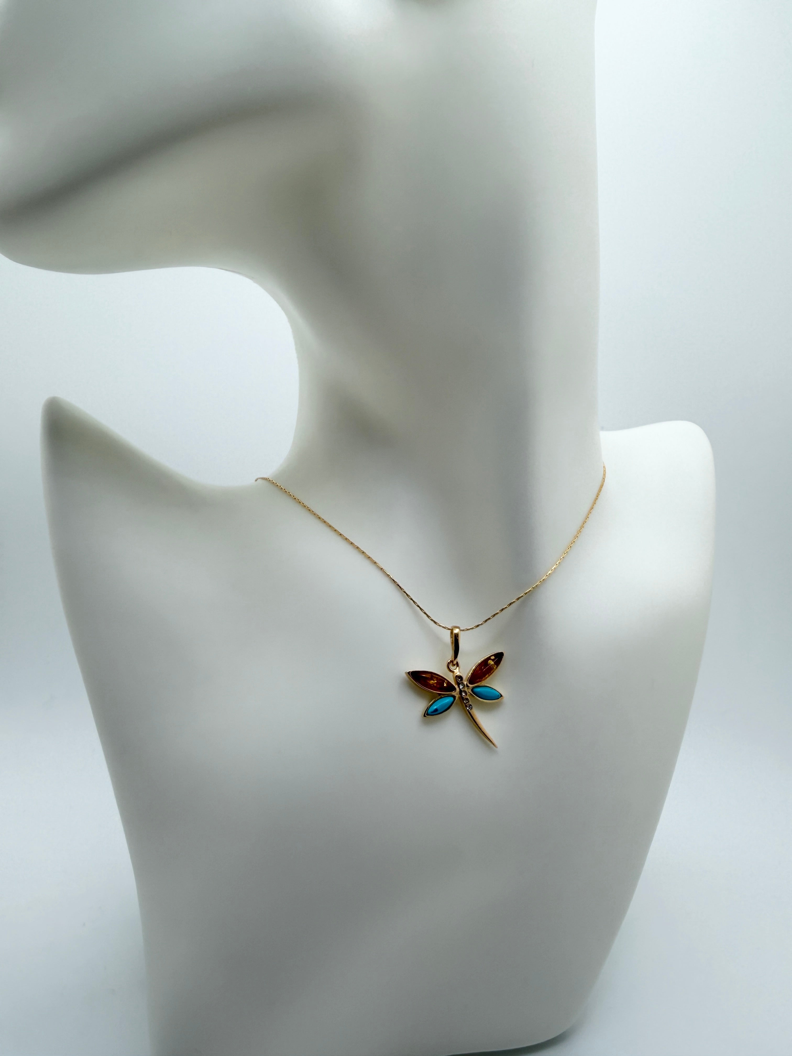 Handmade Gold Plated Sterling Silver Baltic Amber & Turquoise Dragonfly Pendant