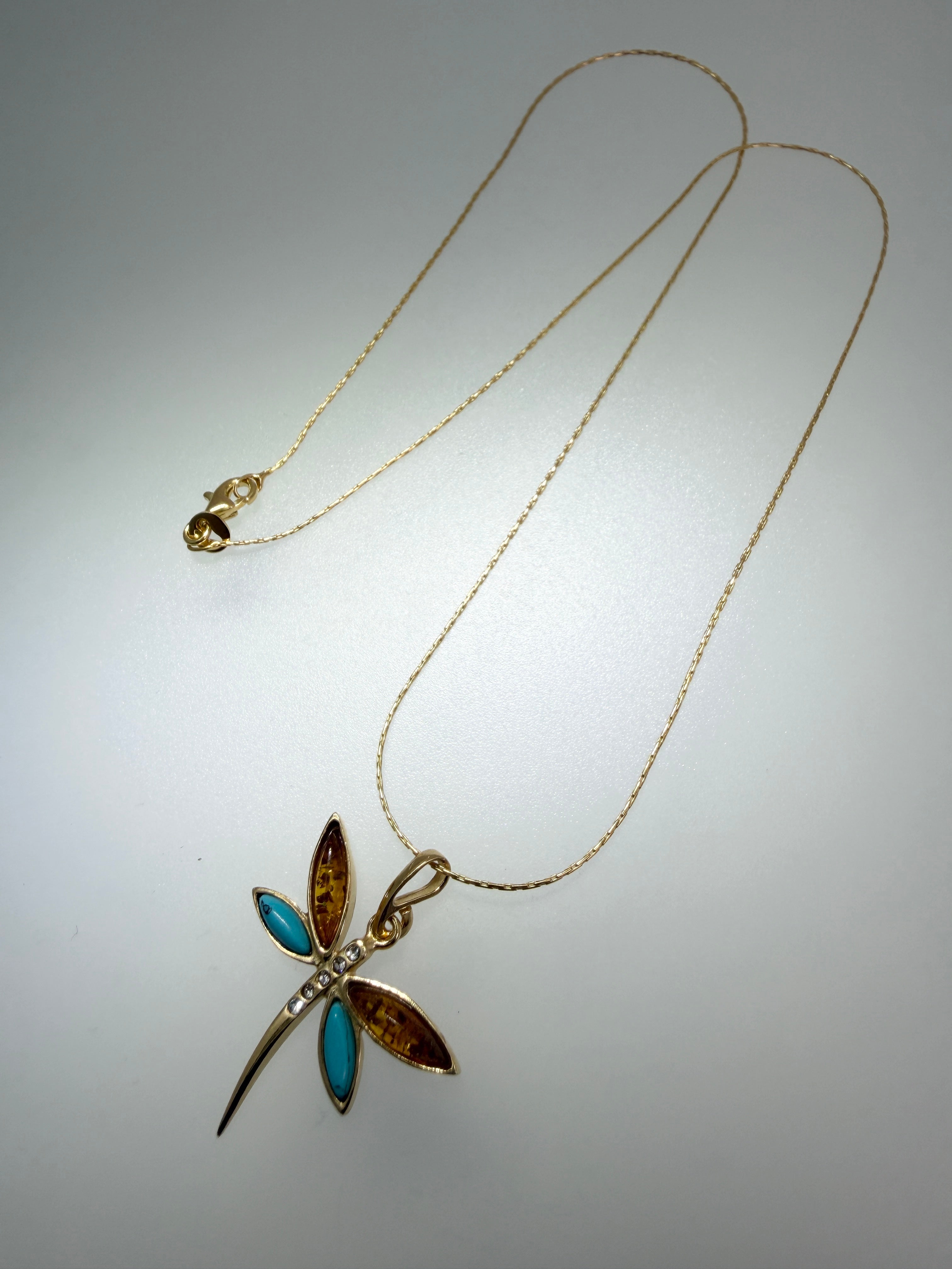 Handmade Gold Plated Sterling Silver Baltic Amber & Turquoise Dragonfly Pendant