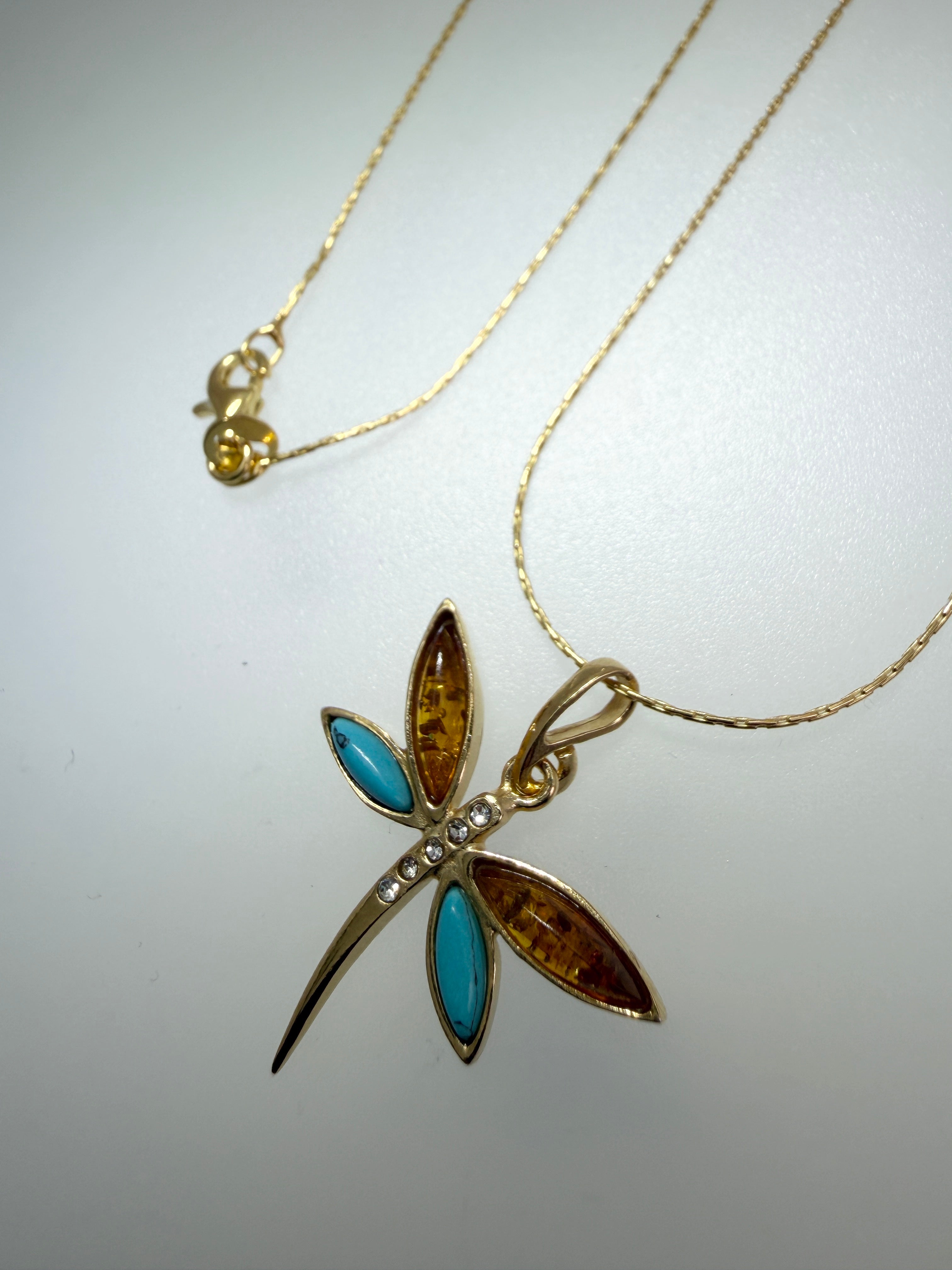 Handmade Gold Plated Sterling Silver Baltic Amber & Turquoise Dragonfly Pendant