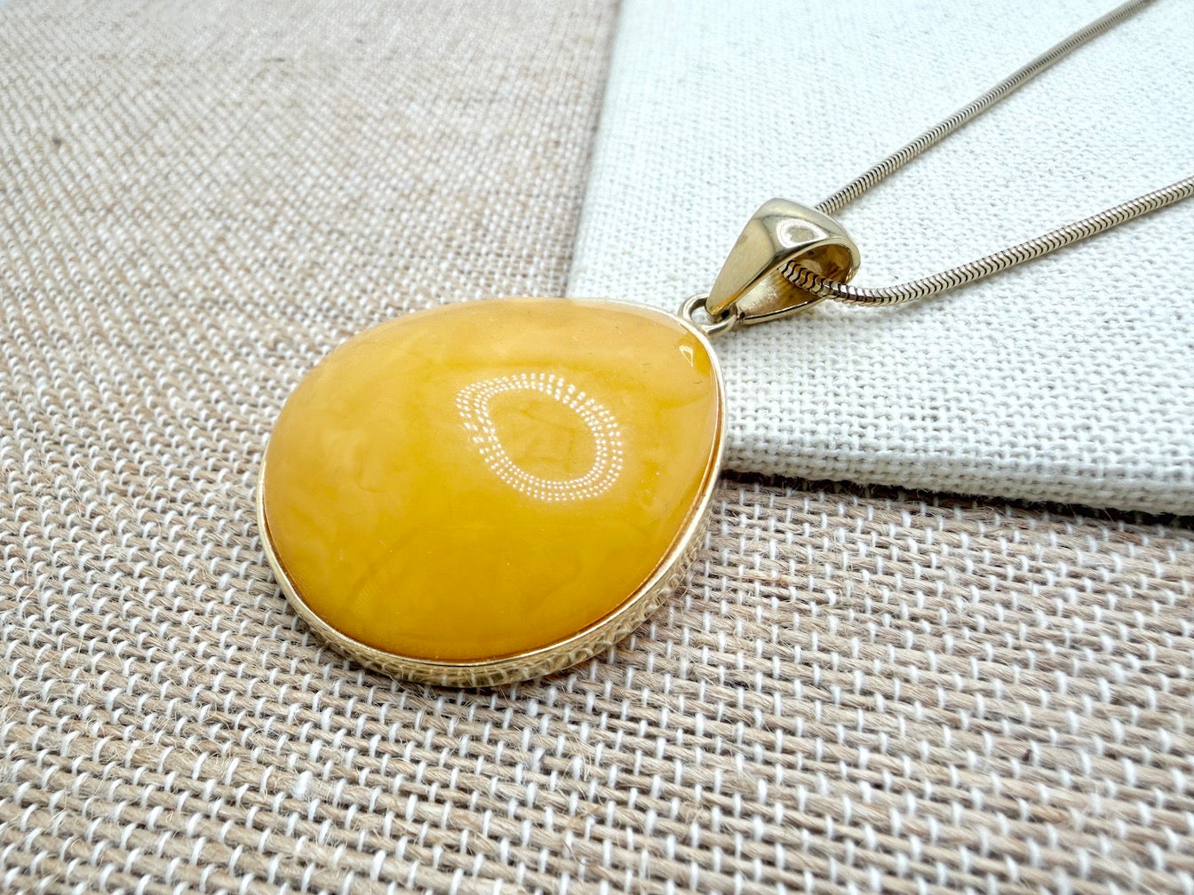 Handmade Gold Plated Sterling Silver Butterscotch Baltic Amber Modern Pendant Necklace | Rare Yellow Amber | 18” Snake Chain | Made in Poland