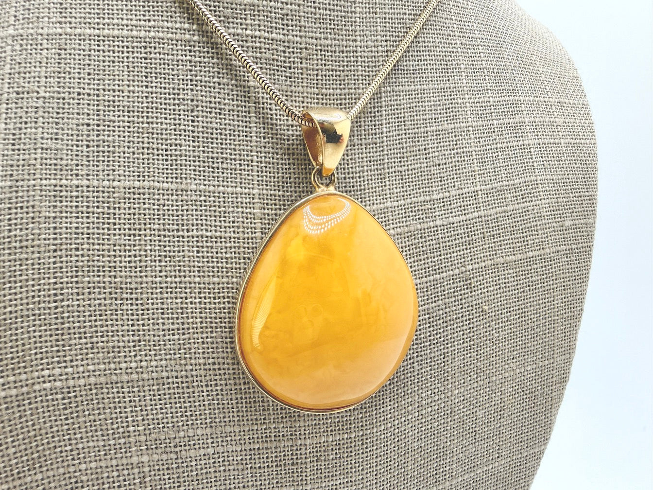 Handmade Gold Plated Sterling Silver Butterscotch Baltic Amber Modern Pendant Necklace | Rare Yellow Amber | 18” Snake Chain | Made in Poland