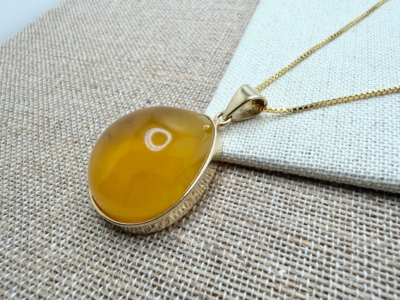 Handmade Gold Plated Sterling Silver Butterscotch Baltic Amber Modern Pendant Necklace | Rare Yellow Amber | 18” Box Chain | Made in Poland