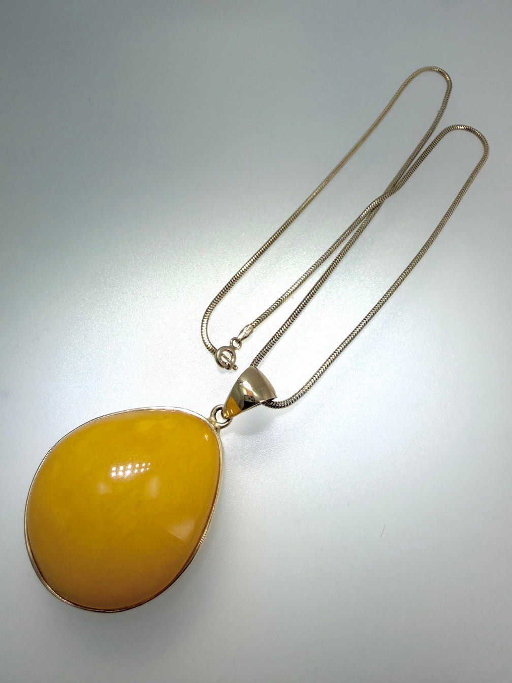 Handmade Gold Plated Sterling Silver Butterscotch Baltic Amber Modern Pendant Necklace | Rare Yellow Amber | 18” Snake Chain | Made in Poland