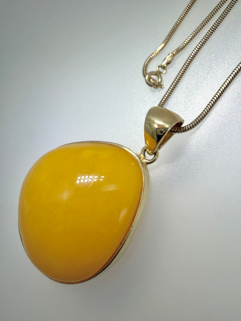 Handmade Gold Plated Sterling Silver Butterscotch Baltic Amber Modern Pendant Necklace | Rare Yellow Amber | 18” Snake Chain | Made in Poland
