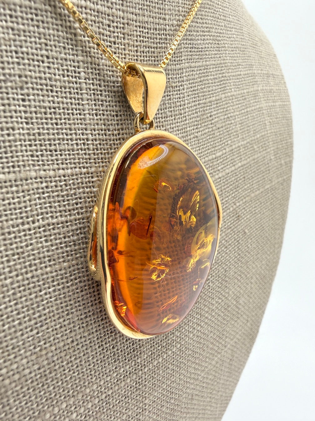 Handmade Gold Plated Sterling Silver Honey Cognac Baltic Amber Modern Pendant with 18” Box Chain