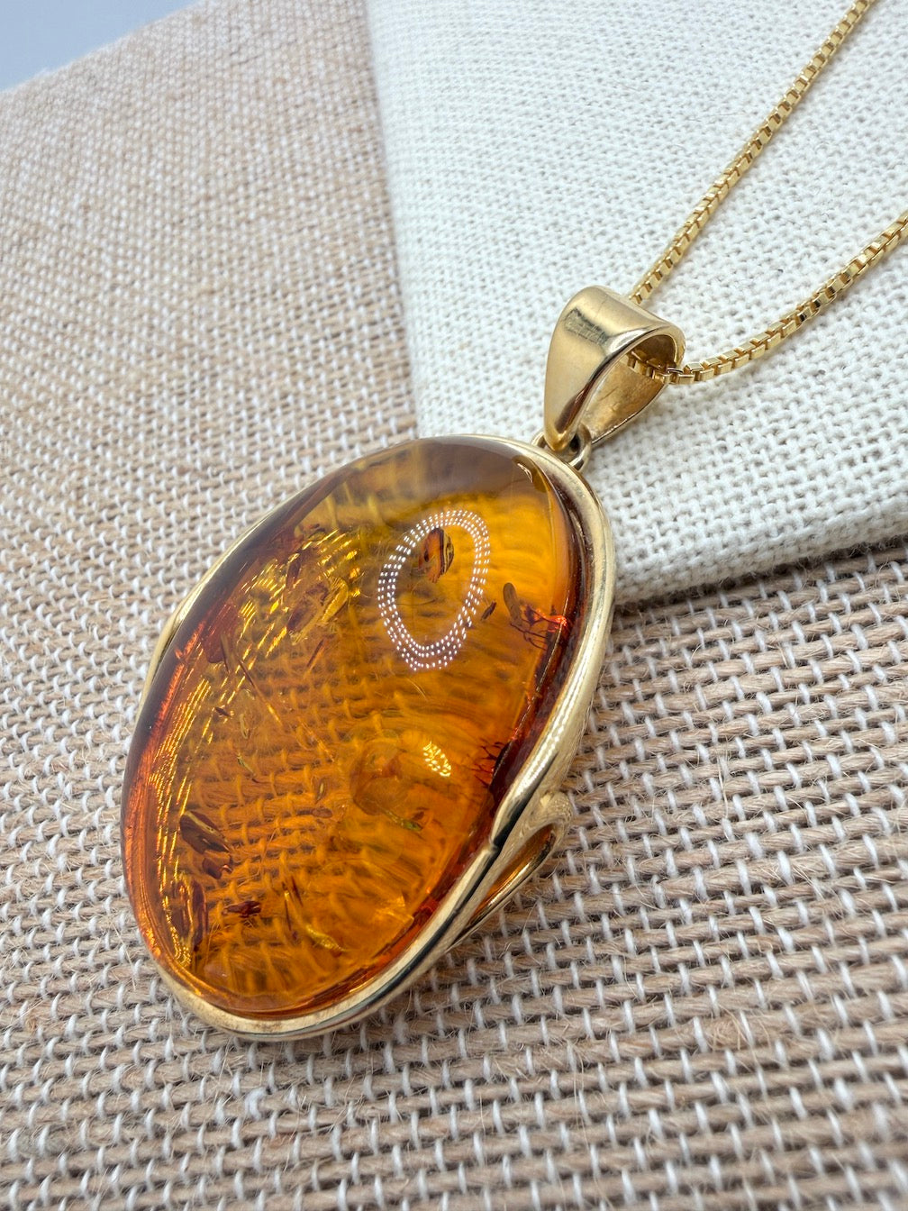 Handmade Gold Plated Sterling Silver Honey Cognac Baltic Amber Modern Pendant with 18” Box Chain