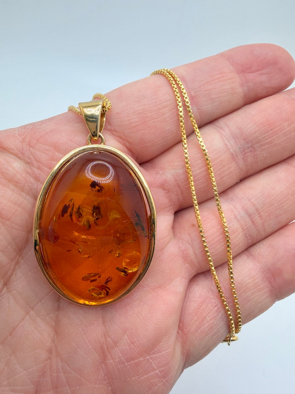 Handmade Gold Plated Sterling Silver Honey Cognac Baltic Amber Modern Pendant with 18” Box Chain