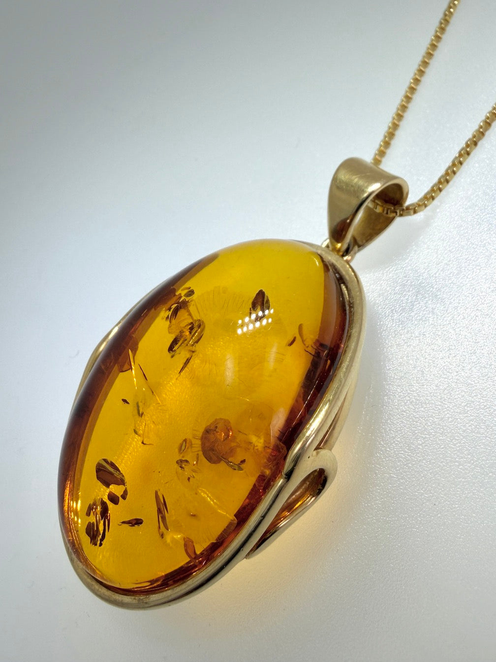 Handmade Gold Plated Sterling Silver Honey Cognac Baltic Amber Modern Pendant with 18” Box Chain
