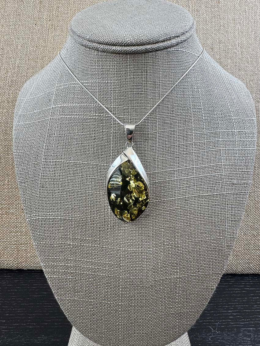 Handmade Green Baltic Amber Ombré Artistic Pendant - Sterling Silver - Choice of Chain
